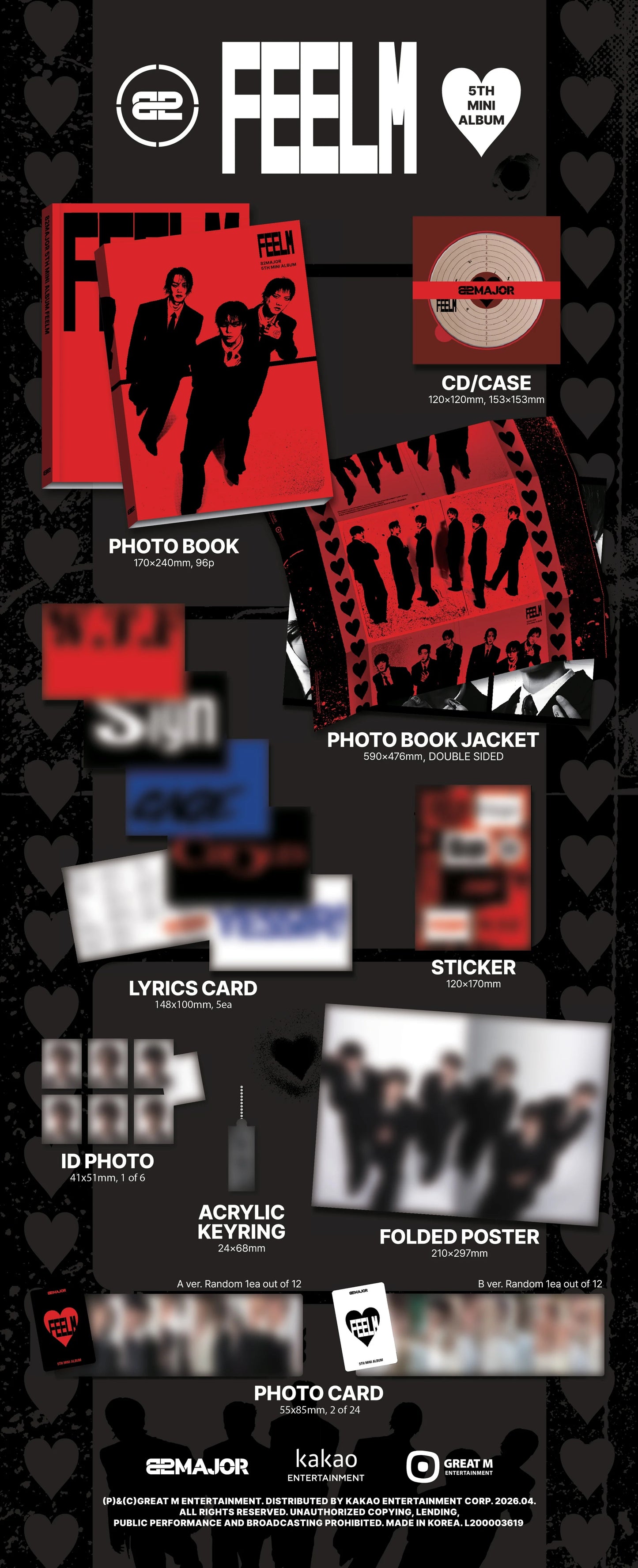 Product display of 82MAJOR's FEELM album inclusions including photo book, CD case, photo book jacket, lyrics card, sticker, ID photo, acrylic keyring, folded poster, and photo card on a black background.