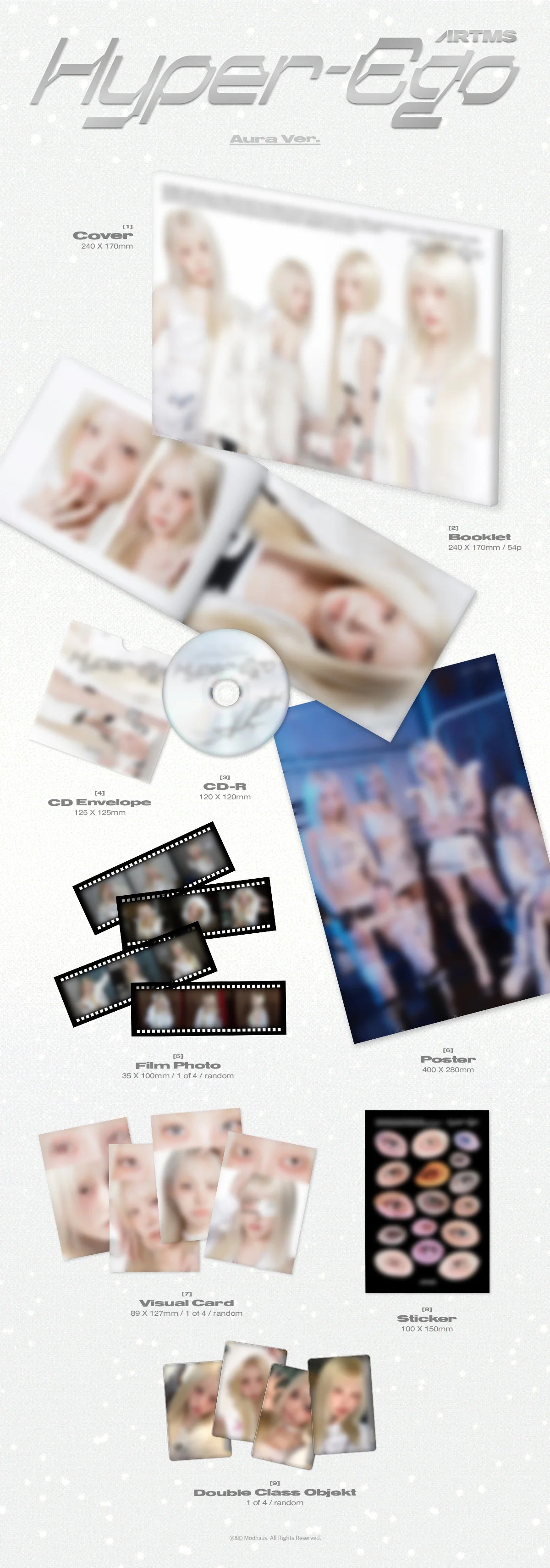 A flat lay collage of ARTMS album, featuring printed photos, a CD, small photo cards, and a booklet on a light gray background. The top displays the stylized text 'Hyper-Ego'