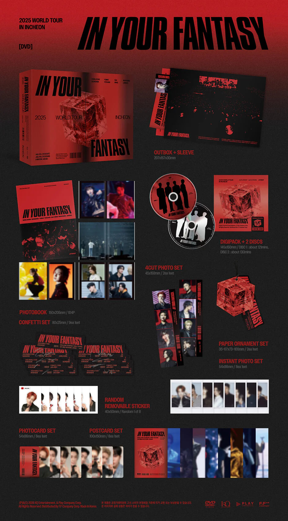 A promotional collage for the K-pop group ATEEZ's 'In Your Fantasy' 2025 World Tour. The layout features various merchandise items including red and black discs, a photo book, a poster set, a photocard set, and a confetti set, all presented on a dark background with the title 'IN YOUR FANTASY' in bold black letters.