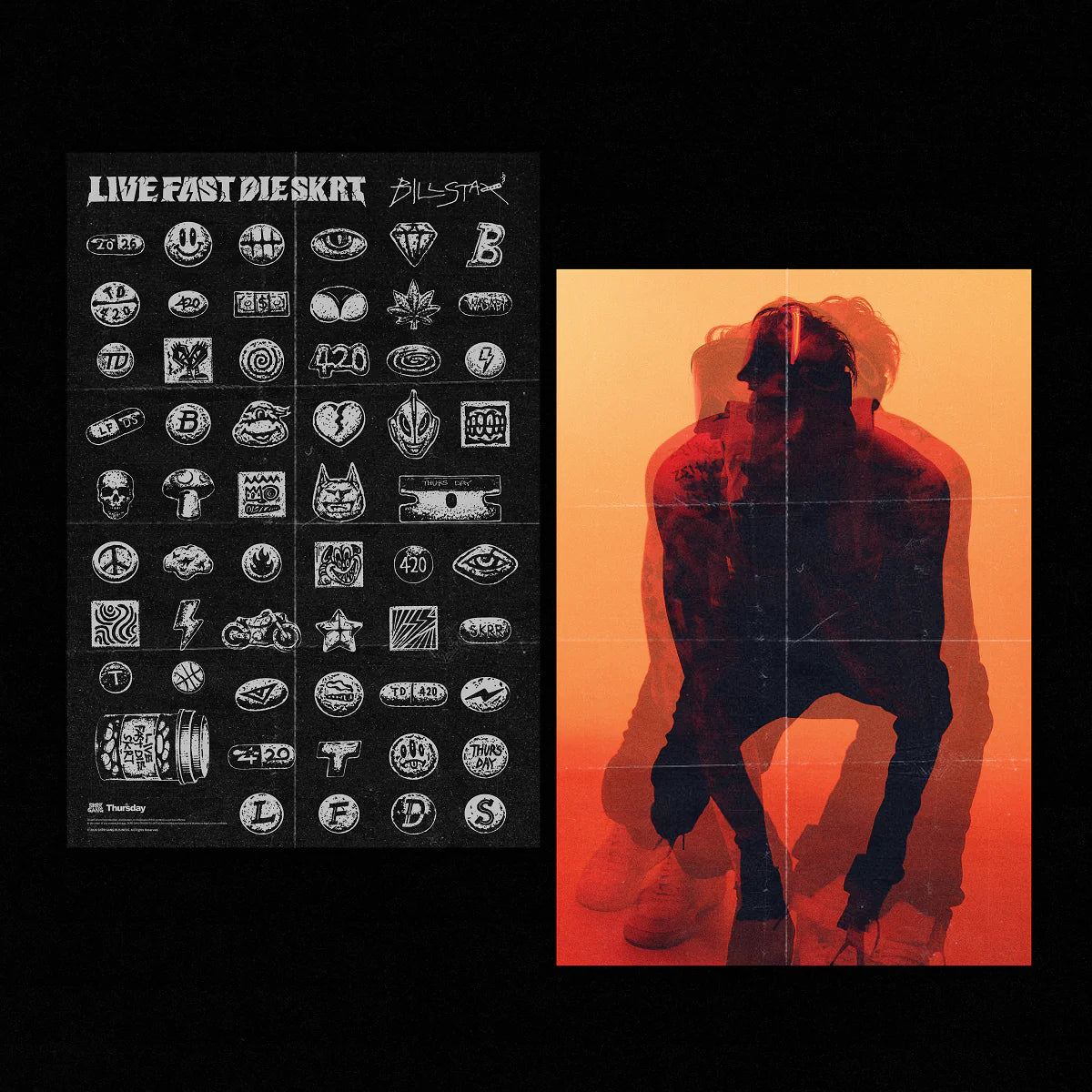Collection of logos on a black background with a silhouette of a person against an orange background.