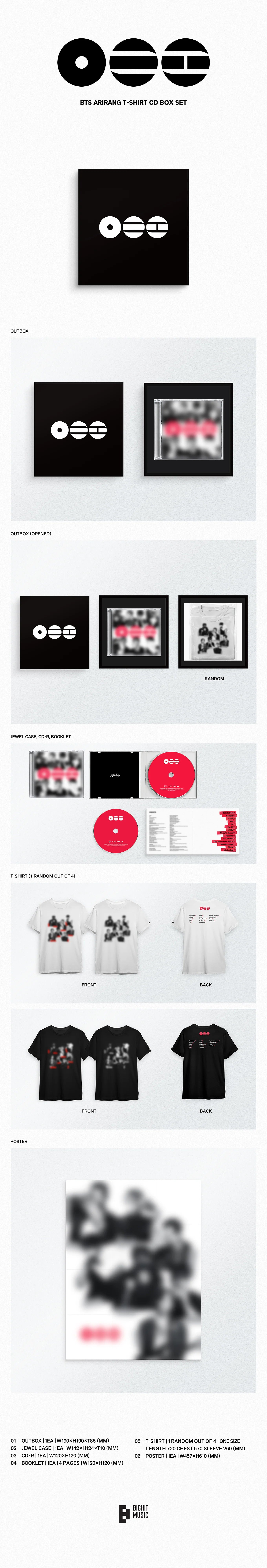 Album inclusions of BTS's ARIRANG album with t-shirt and poster on a white background.