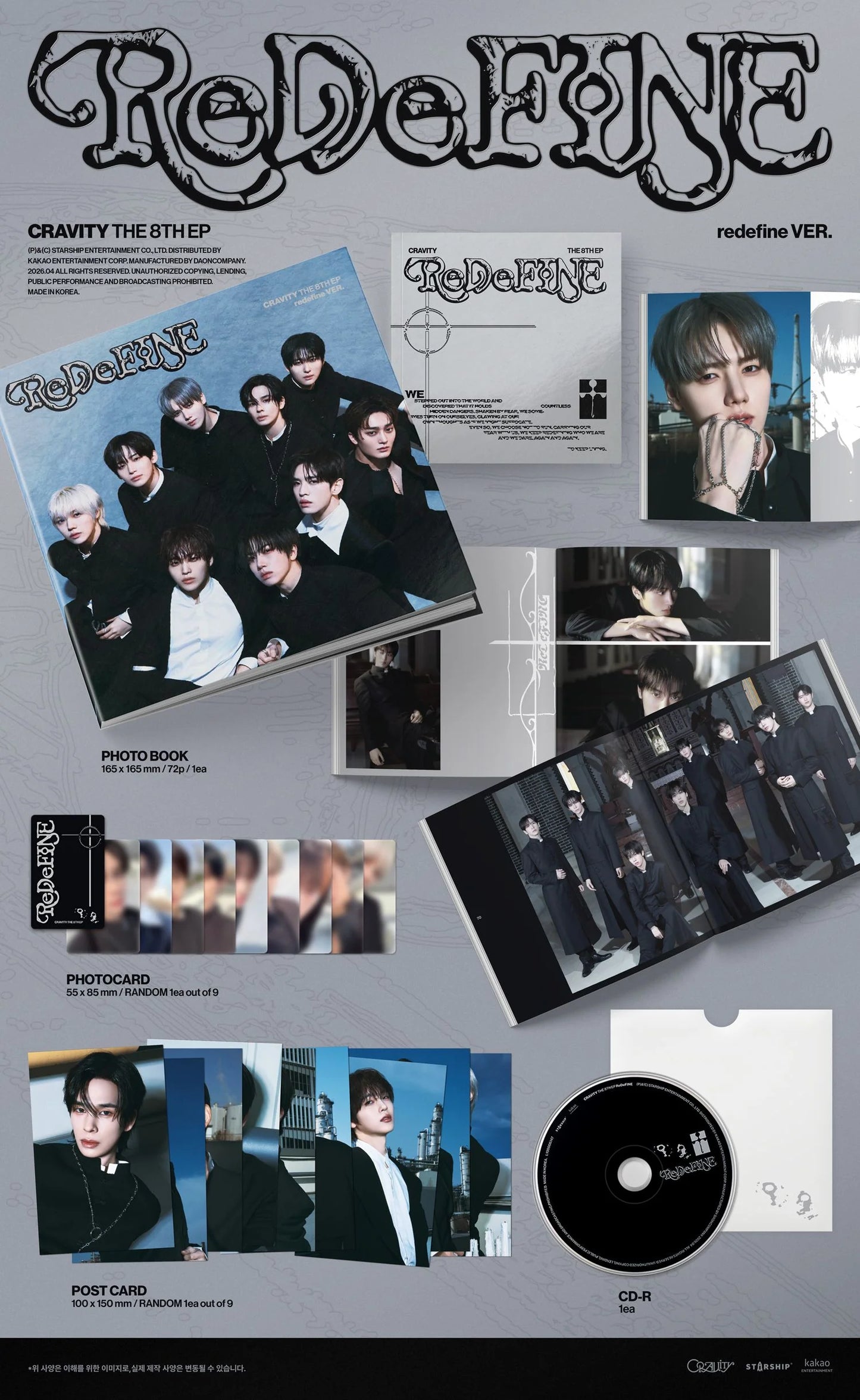 Inclusions for CRAVITY's album titled 'ReDeFINE' featuring various items like photos, postcards, photocards, and a CD.