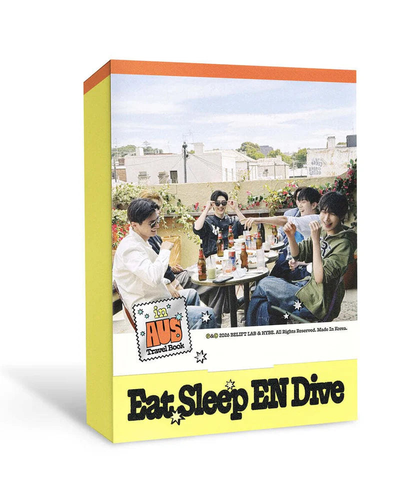 Book cover with the ENHYPEN members at an outdoor table and text 'Eat Sleep EN Dive' on a white background