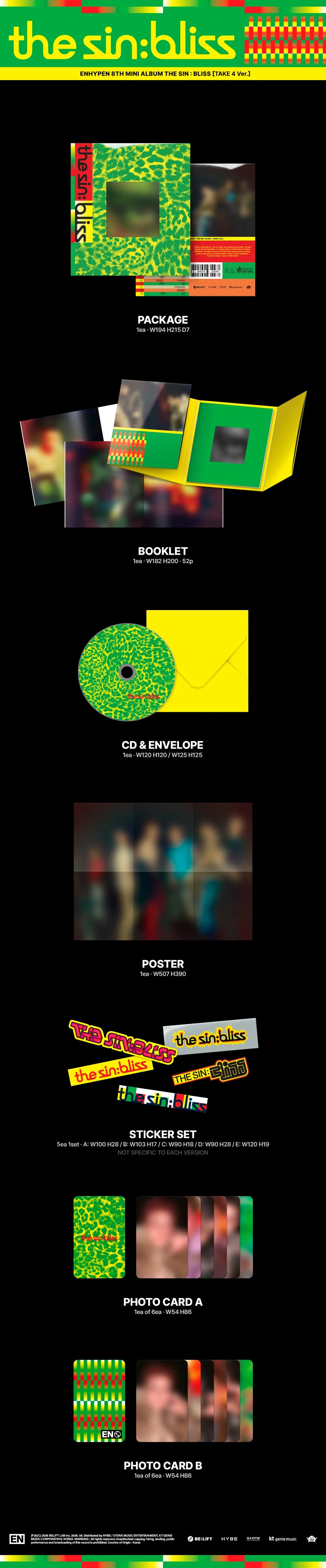 A tall promotional collage for ENHYPEN's 'the sin bliss' album featuring multiple small artwork thumbnails, text labels such as package, booklet, cd, poster, sticker set, photocard