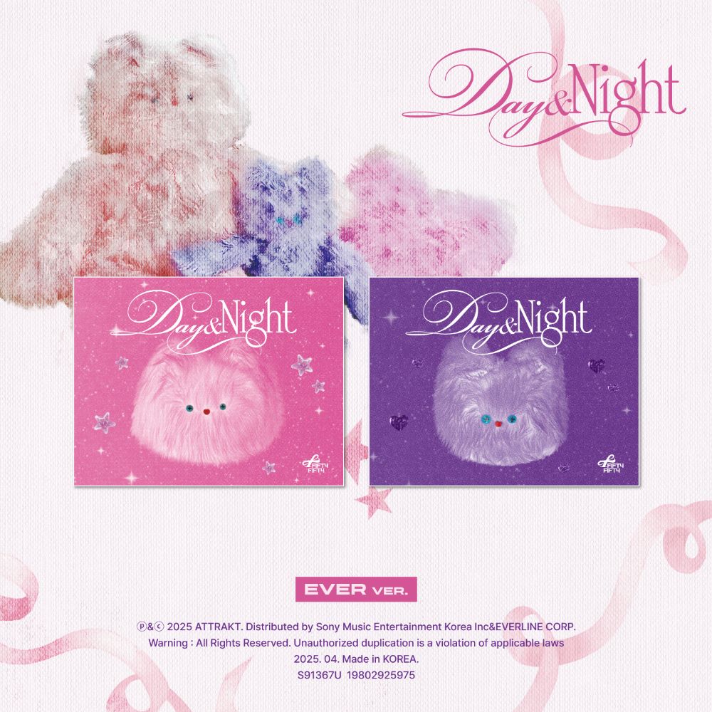 FIFTY FIFTY's 3rd mini album packaging with pink & purple covers on a background with ribbons and bears