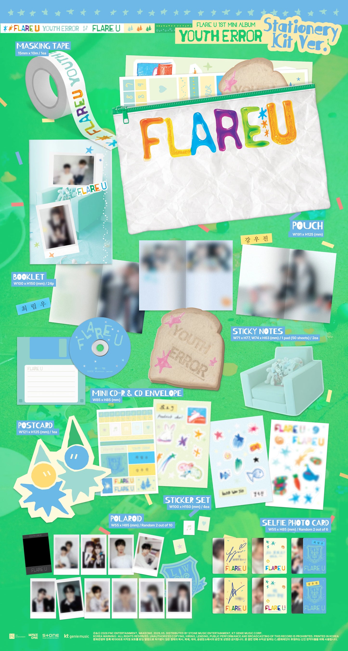 Stationery kit with various items on a green background, featuring the brand 'FLAREU'.