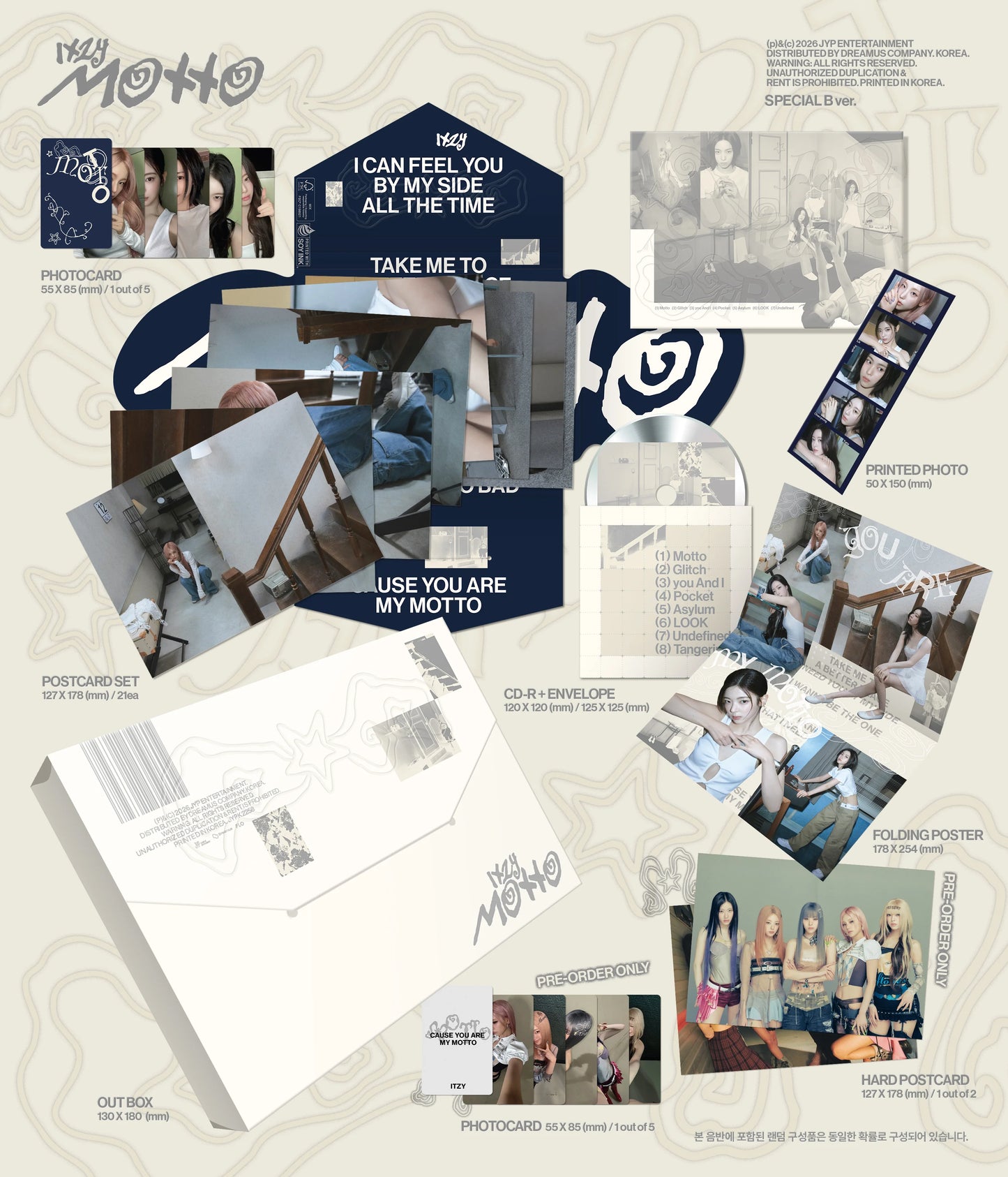 Inclusions of ITZY's MOTTO album, including postcards, photo cards, and folding posters on a textured background.