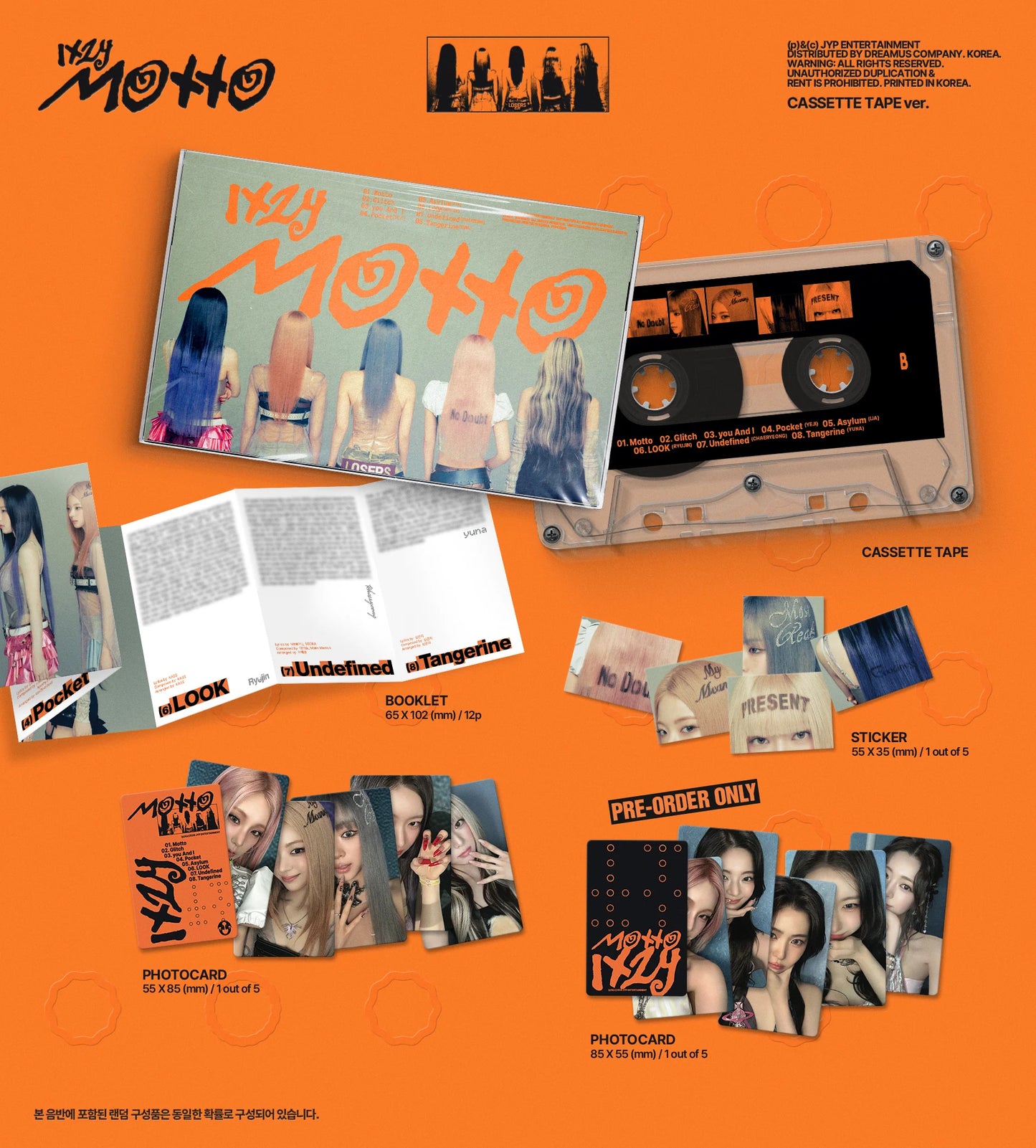 Image of ITZY's Motto album inclusions with a cassette tape, sticker, photocard & booklet on an orange background.