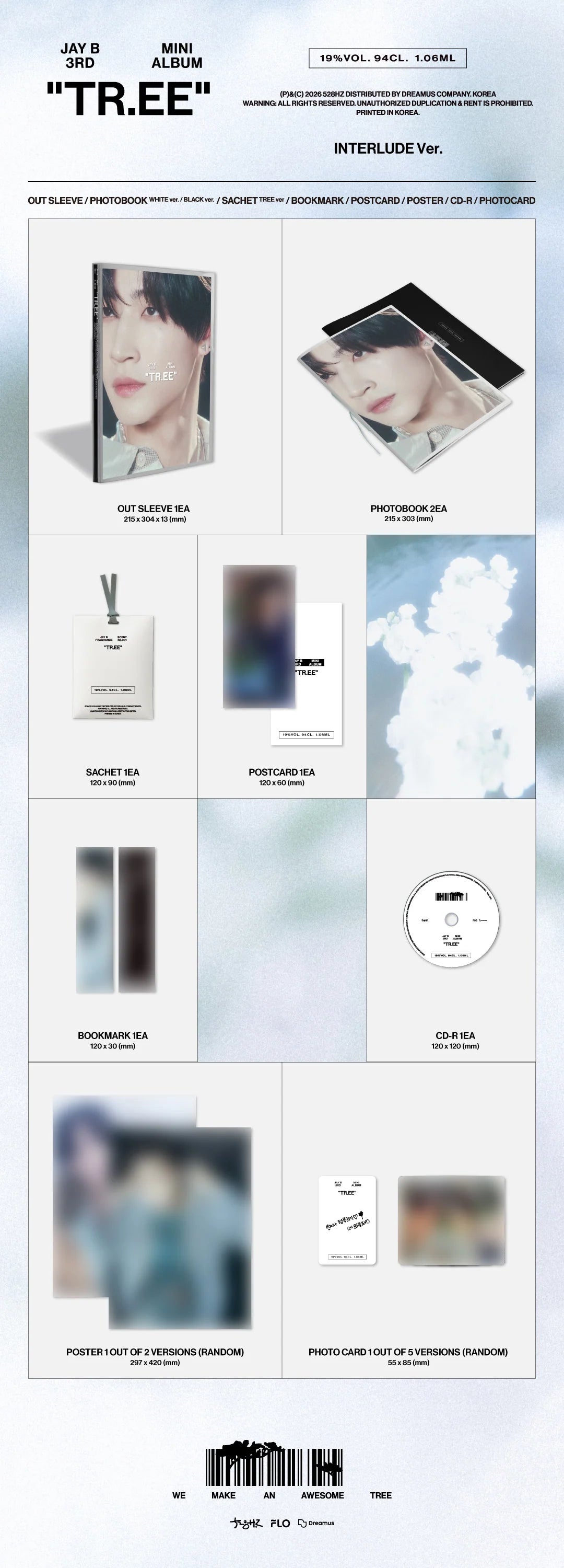 Item inclusions for JAY B's music album titled 'TR.EE' with various images and text on a white background.