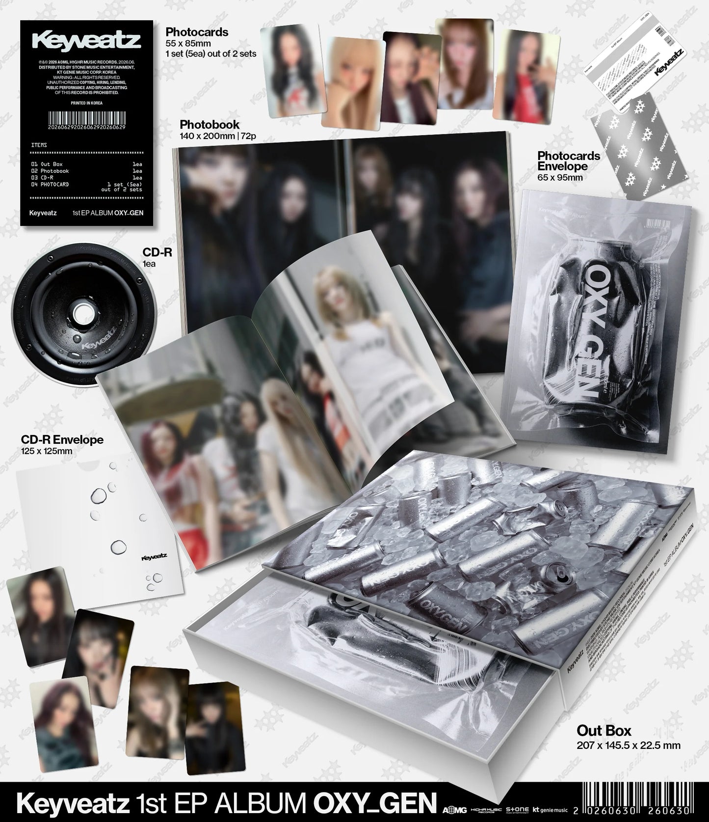 Keyveatz 1st EP album 'OXY_GEN' packaging with photobook, CD-R envelope, and photocards on a white background.