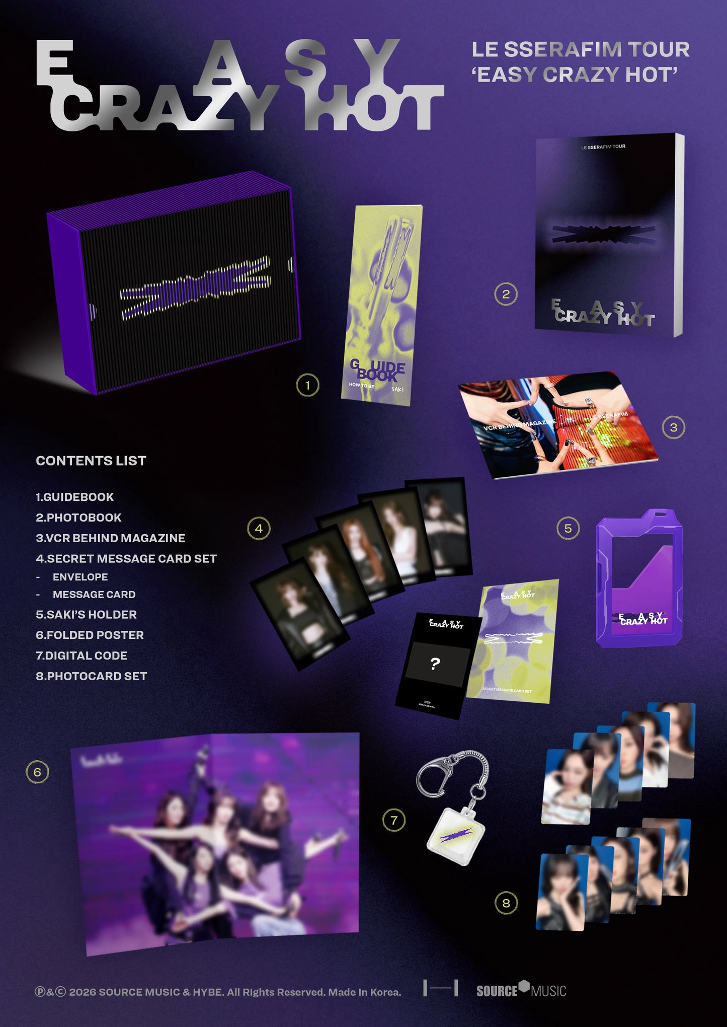 Promotional image of LE SSERAFIM's tour with various inclusions such as a photobook, secret message cards, photocard set on a purple background