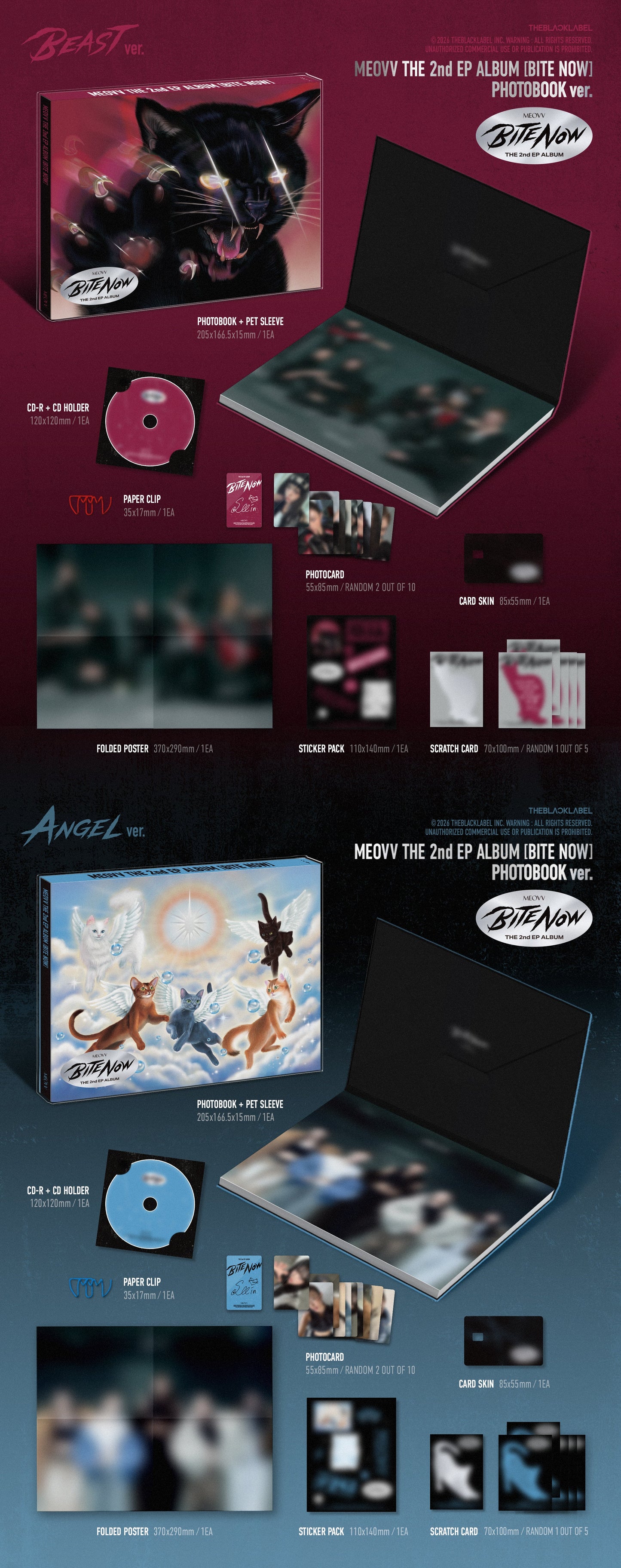 MEOVV's 2nd ep album inclusion of a music album with various items on a red and blue background