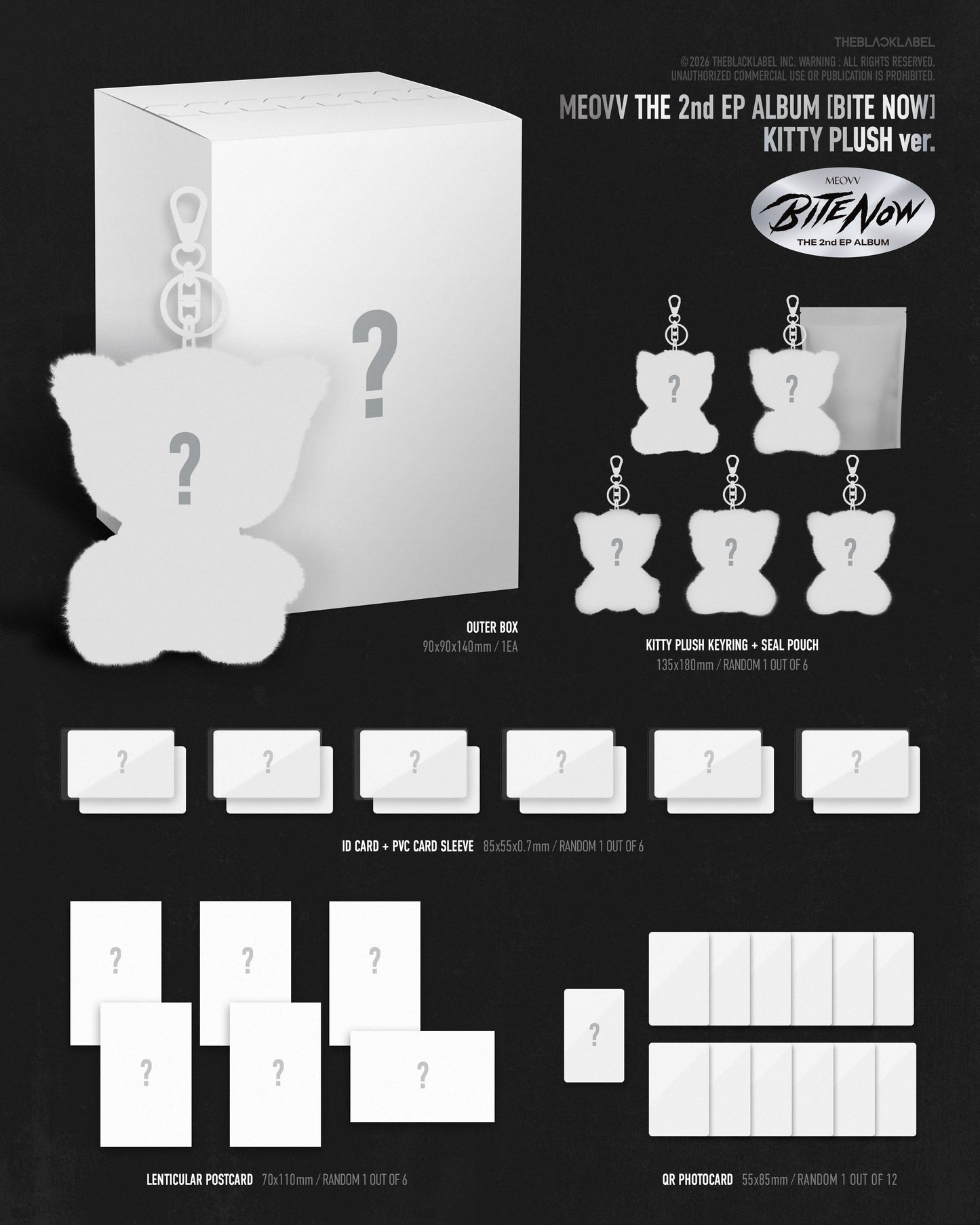 Product inclusions of MEOVV's 2nd ep with a plush toy and card set on a black background