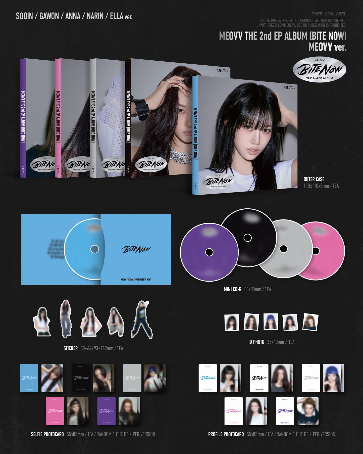 MEOVV's 2nd ep album inclusions with multiple discs, photo cards, and promotional materials on a black background