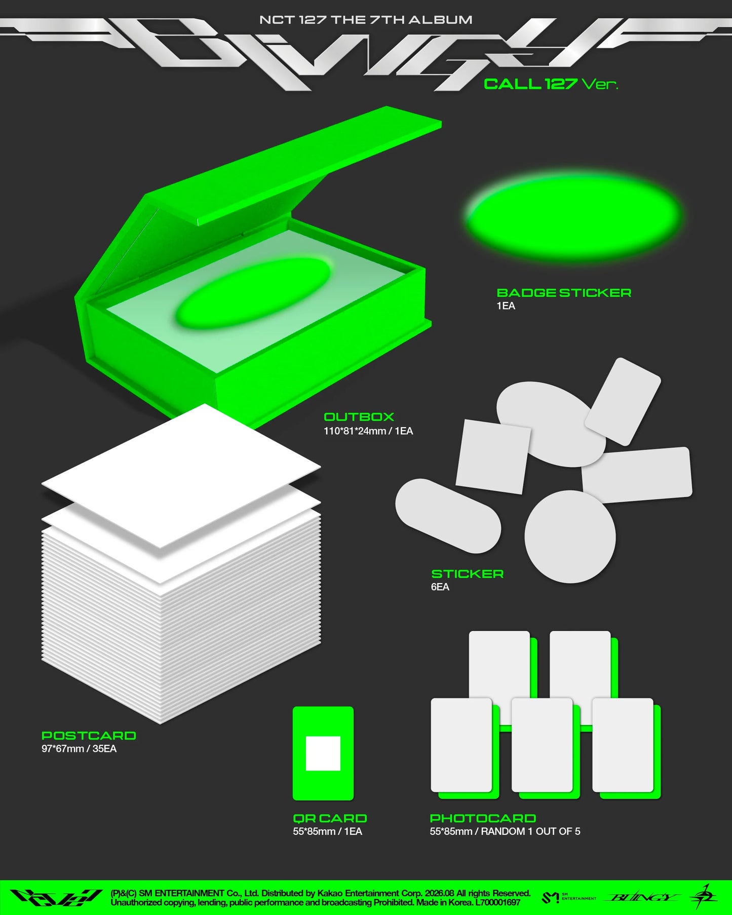 An image display for NCT 127's 'The Album' Call 127 Ver. inclusions, showing the album packaging with a green outer box, postcards, stickers, a QR code and photocards on a dark gray background.