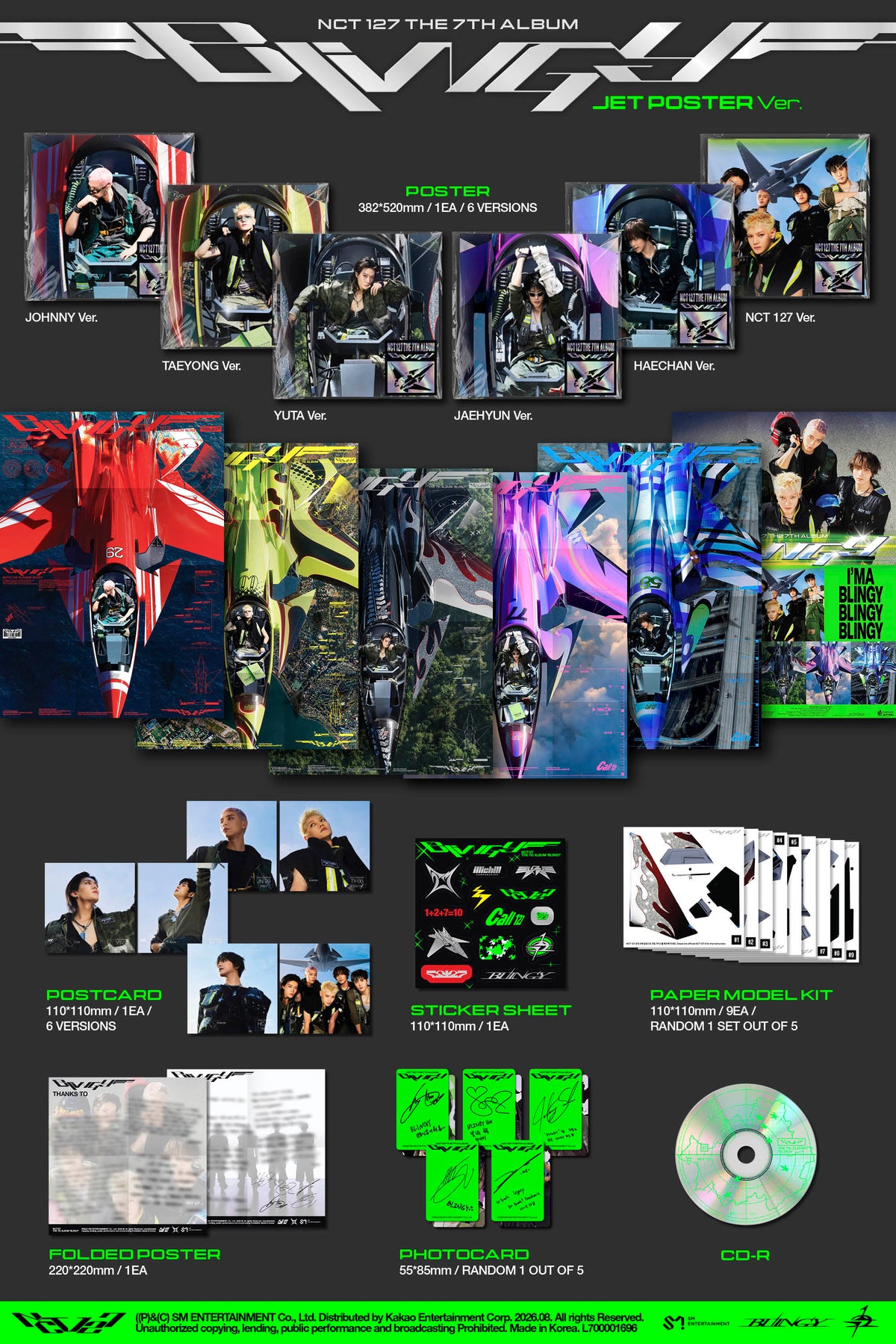 NCT127 'The 7th Album' Jet Poster version featuring individual members' album covers, CD, posters, postcards, paper model kit, sticker sheets and photocard arranged on a dark background