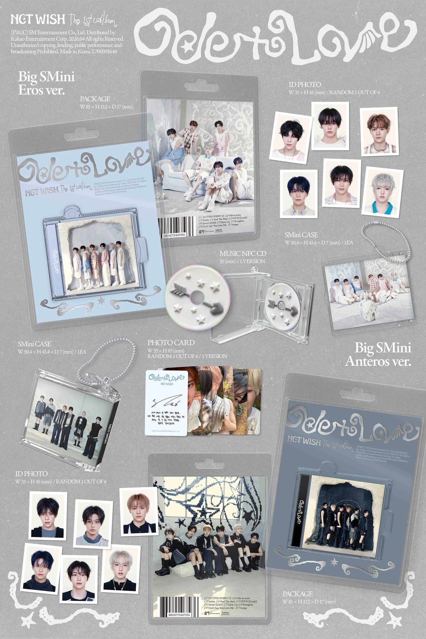 Inclusions of NCT Wish's Ode to Love album with packaging and photos on a white background
