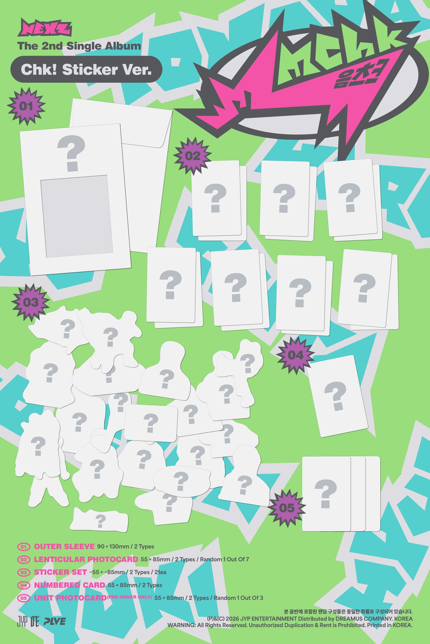 NEXZ's 2nd single album sticker set with question marks and colorful design on a green background