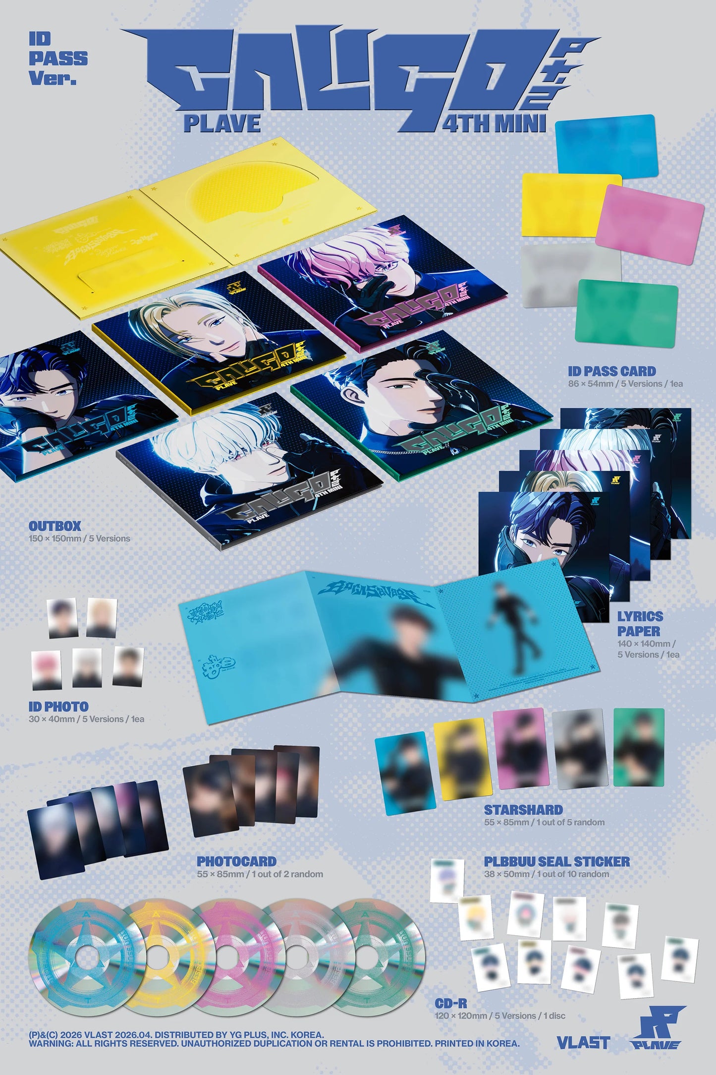 Promotional image of PLAVE's CALIGO album packaging with various items including photo cards, lyrics paper, stickers and CD-R.