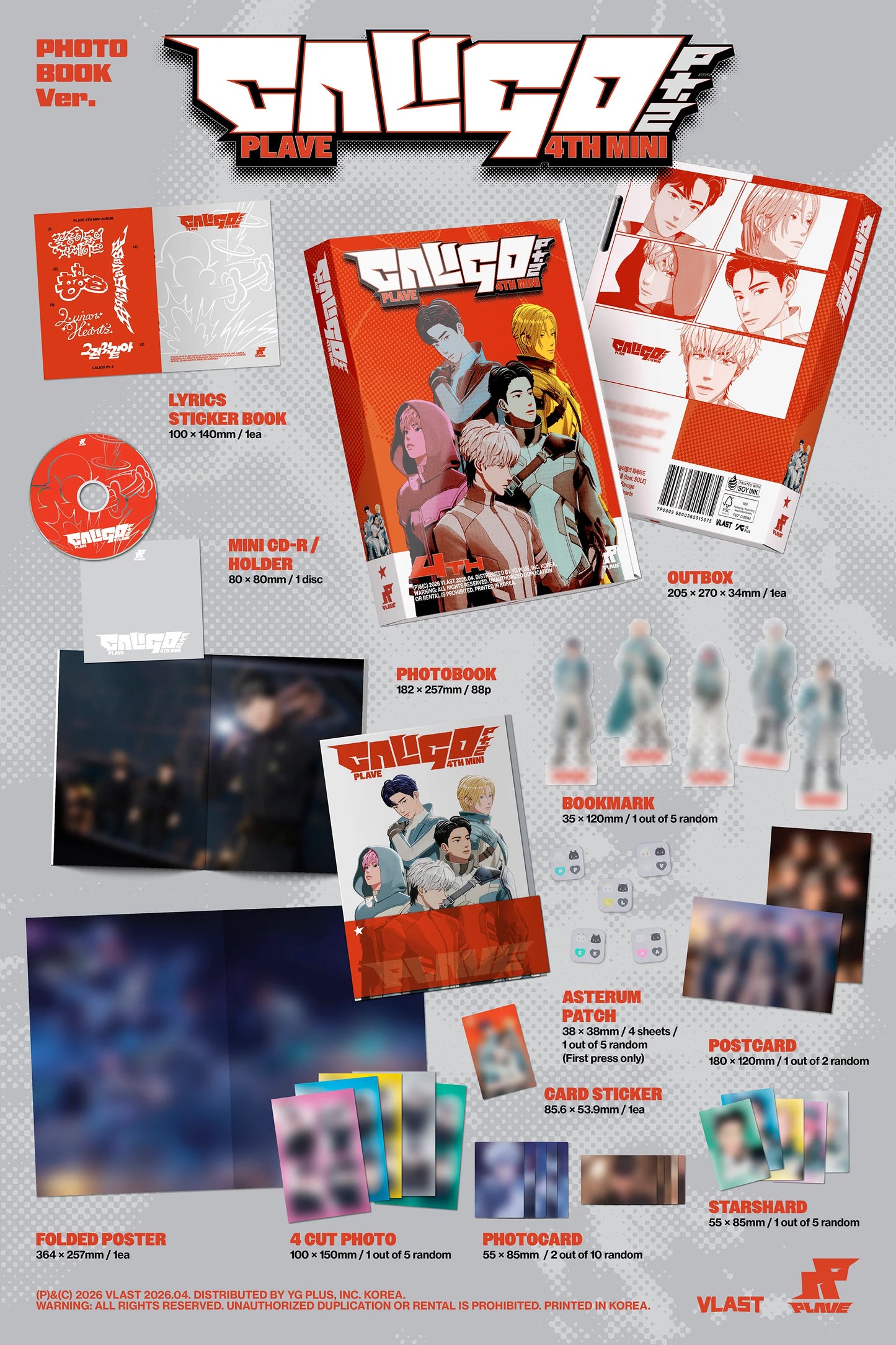 Collection of PLAVE's 'CALIGO' album inclusions with a photo book, CD, and various promotional materials on a gray background.