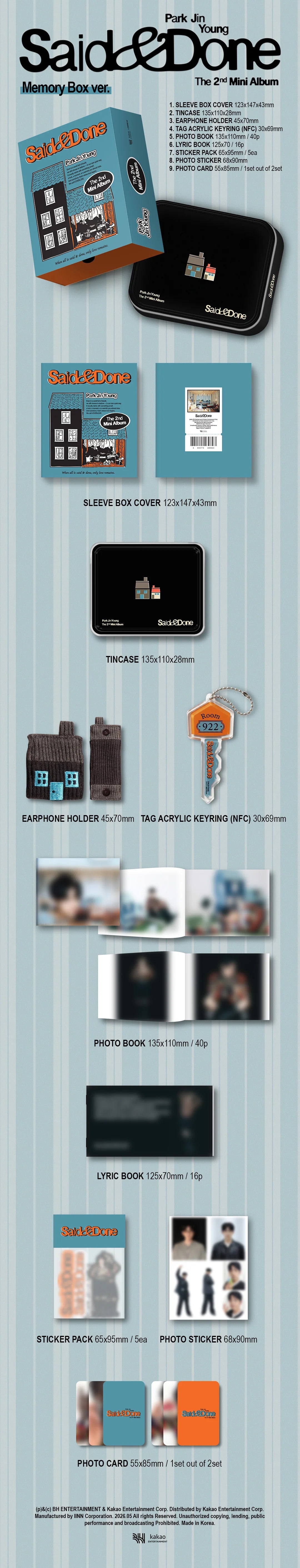 Products included in Park Jin Young's 2nd mini consisting of an earphone holder, acrylic keyring, photobook, sticker pack, lyric book and photocard on a light blue and white striped background