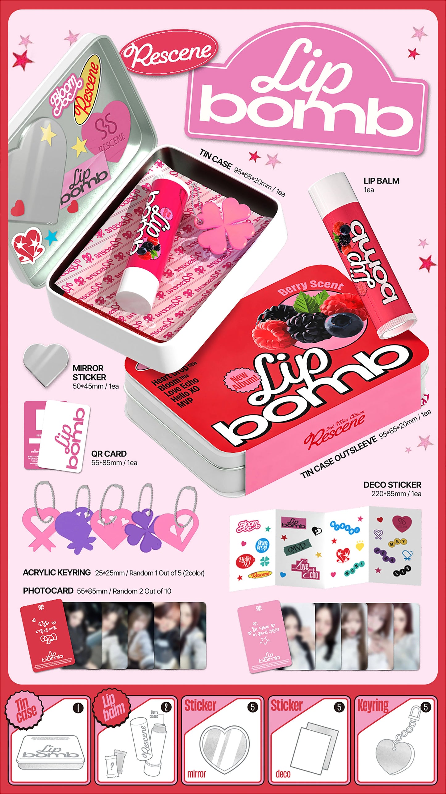 RESCENE's Lip Bomb version album with various inclusions on a pink background