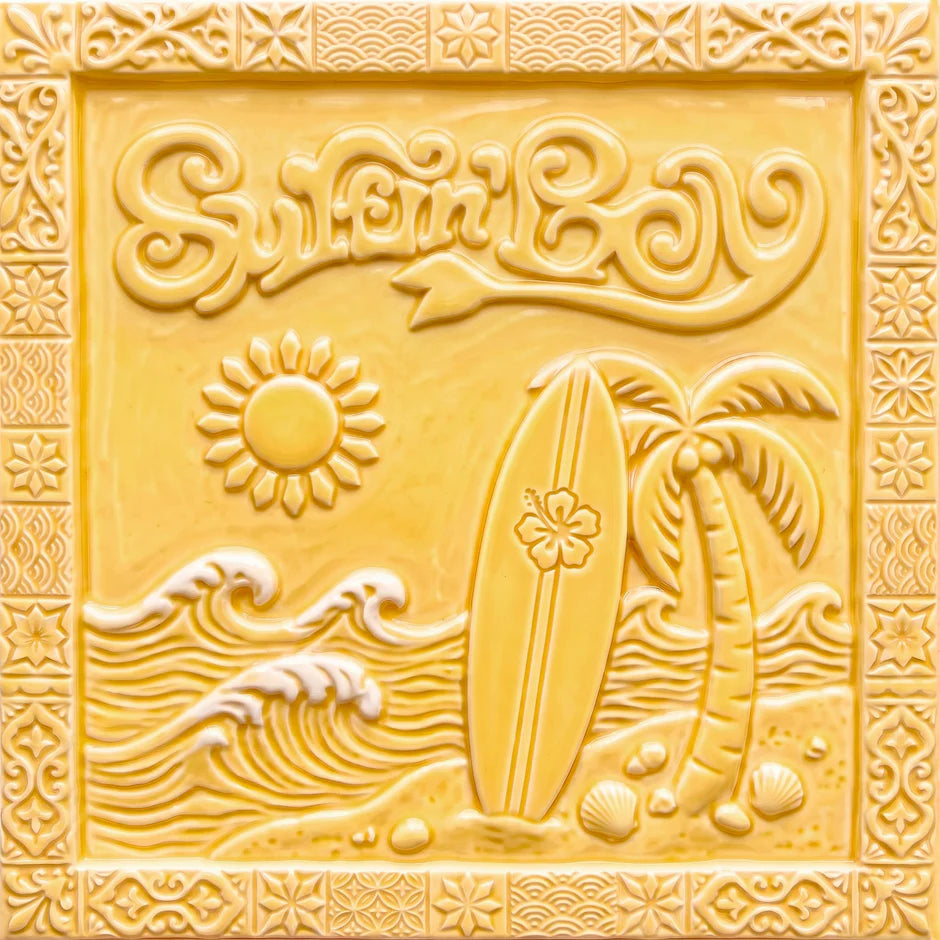 RED VELVET's album cover showing a beach, palm tree, surfboard and text against a yellow background