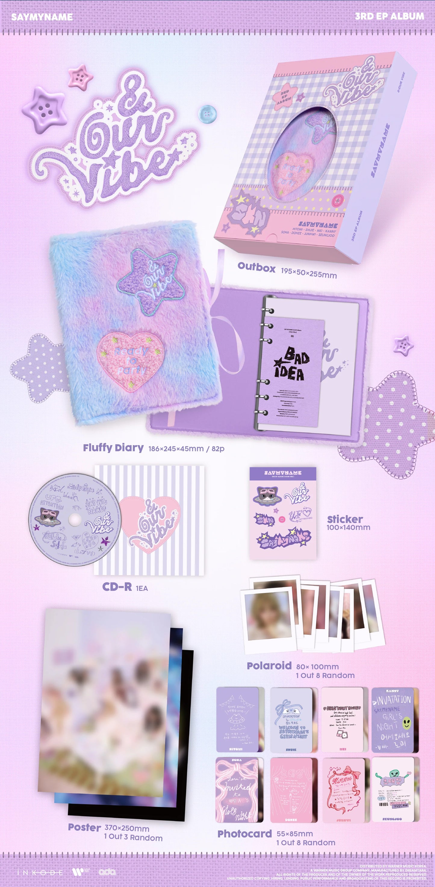 SAY MY NAME's 3rd ep album inclusions with various items including a CD, photo cards, and a poster on a pink background.