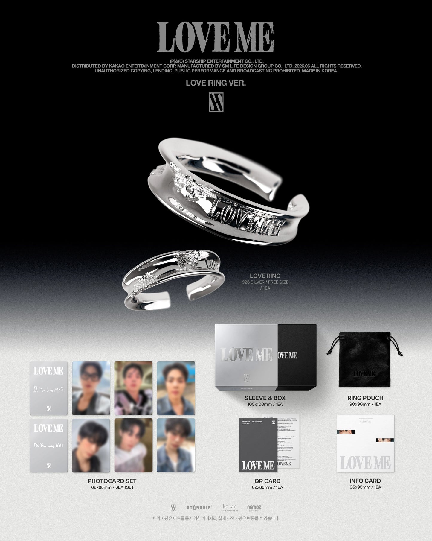 Product display of SHOWNU & HYUNGWON's 'LOVEME' album inclusions with rings, sleeve, box, card, and photo card on a black background.