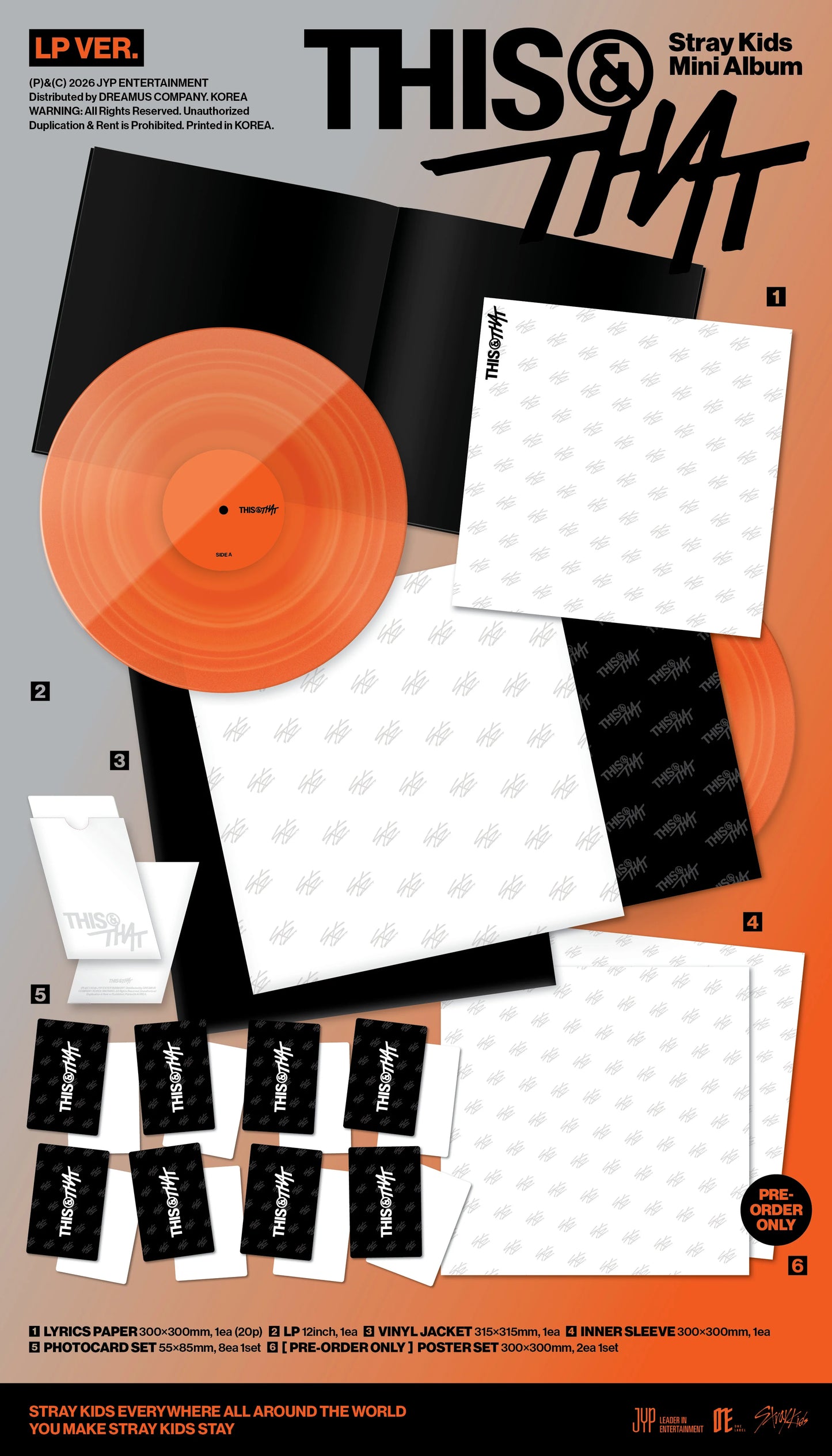 STRAY KIDS's This & That LP version inclusions such as a set of photocards and lyrics paper on a orange-gray background