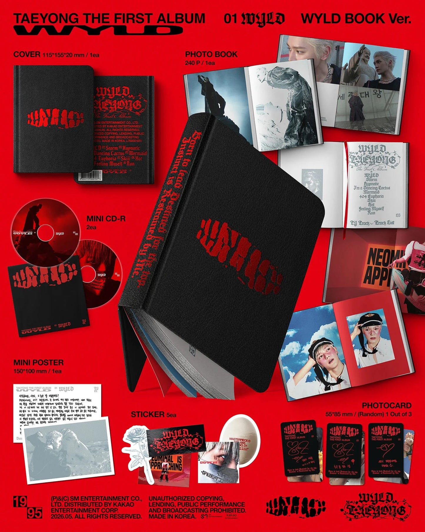 Promotional image of Taeyong's album 'WYLD' with various included items on a red background.