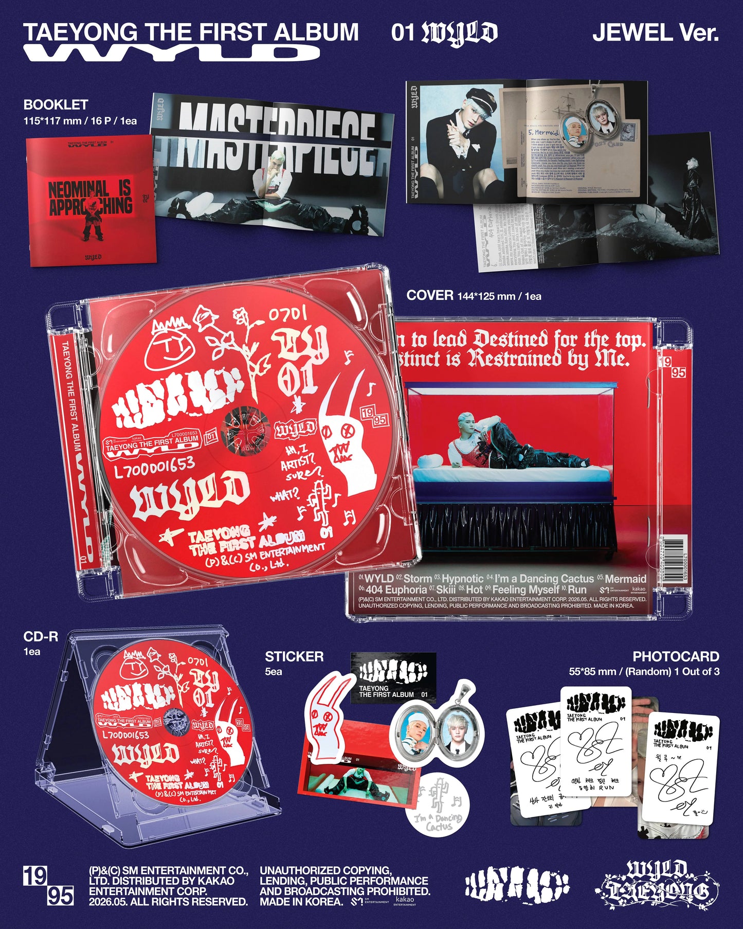 Album inclusions for Taeyong's 'WYLD' with various items including CD, booklet, and photo cards on a blue background.