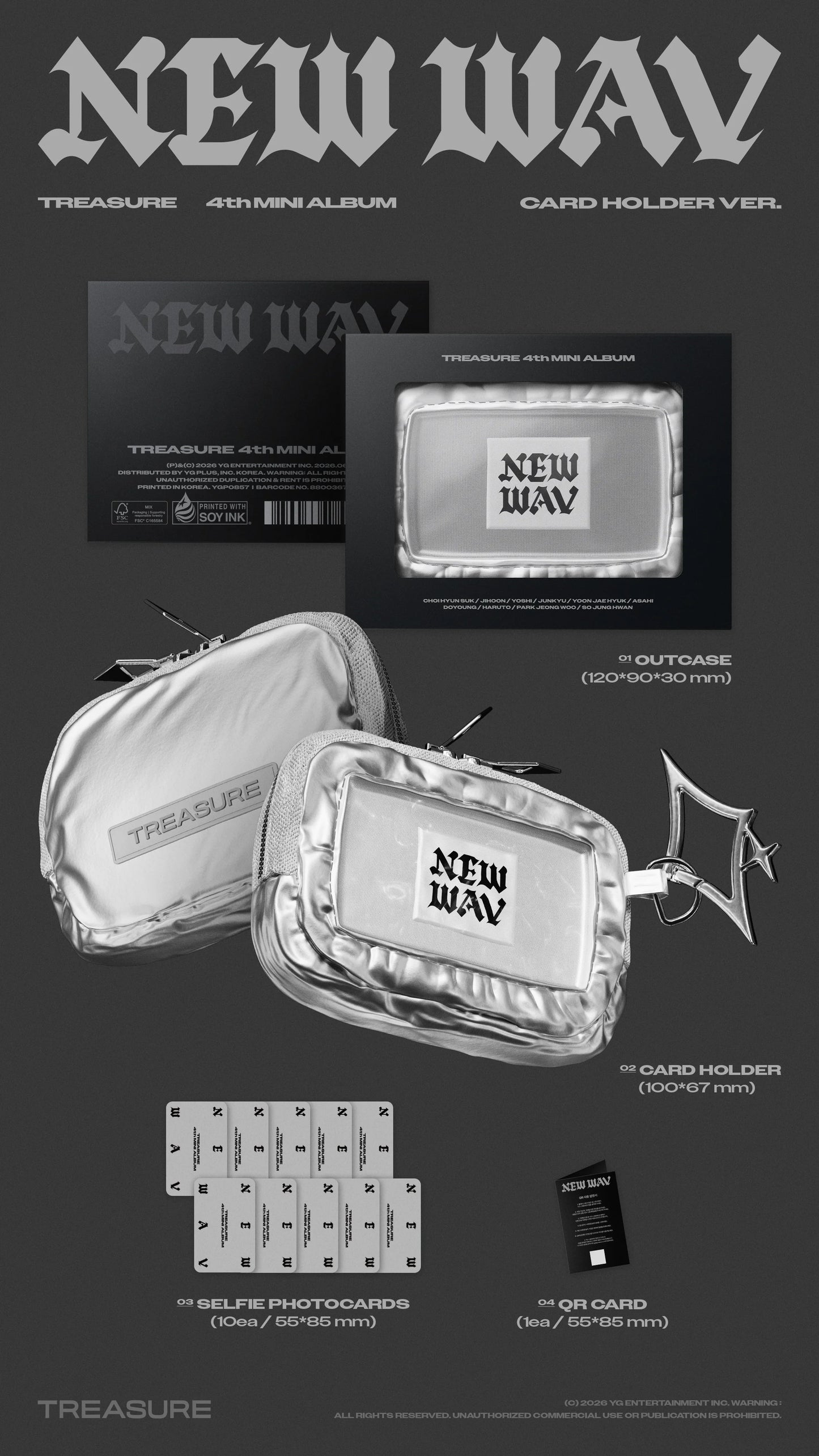 TREASURE's 4th mini album inclusions with a 'NEW WAY' card holder set with selfie photocards shown against a black background.