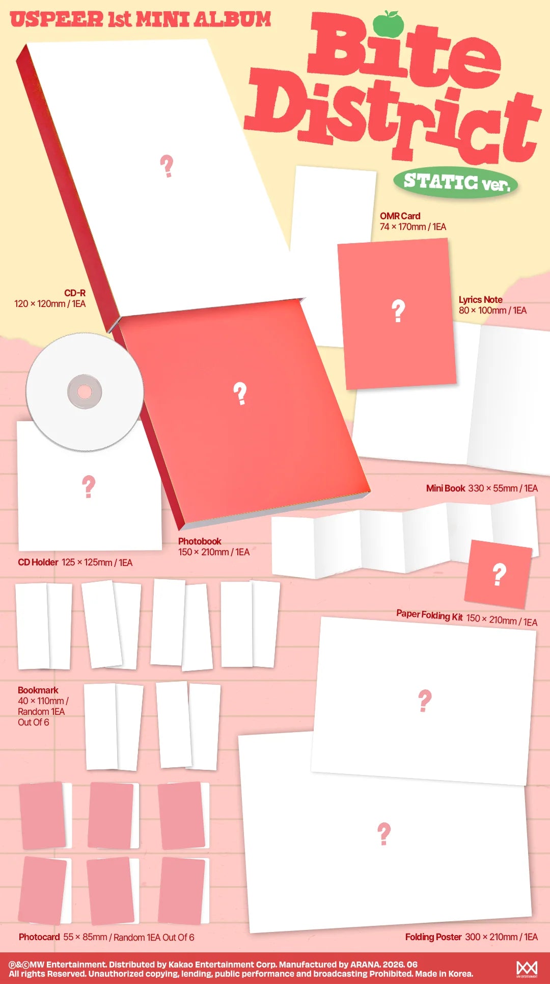Inclusions for USPEER's mini album with red sections and question marks, featuring the title 'Bite District STATIC ver.'