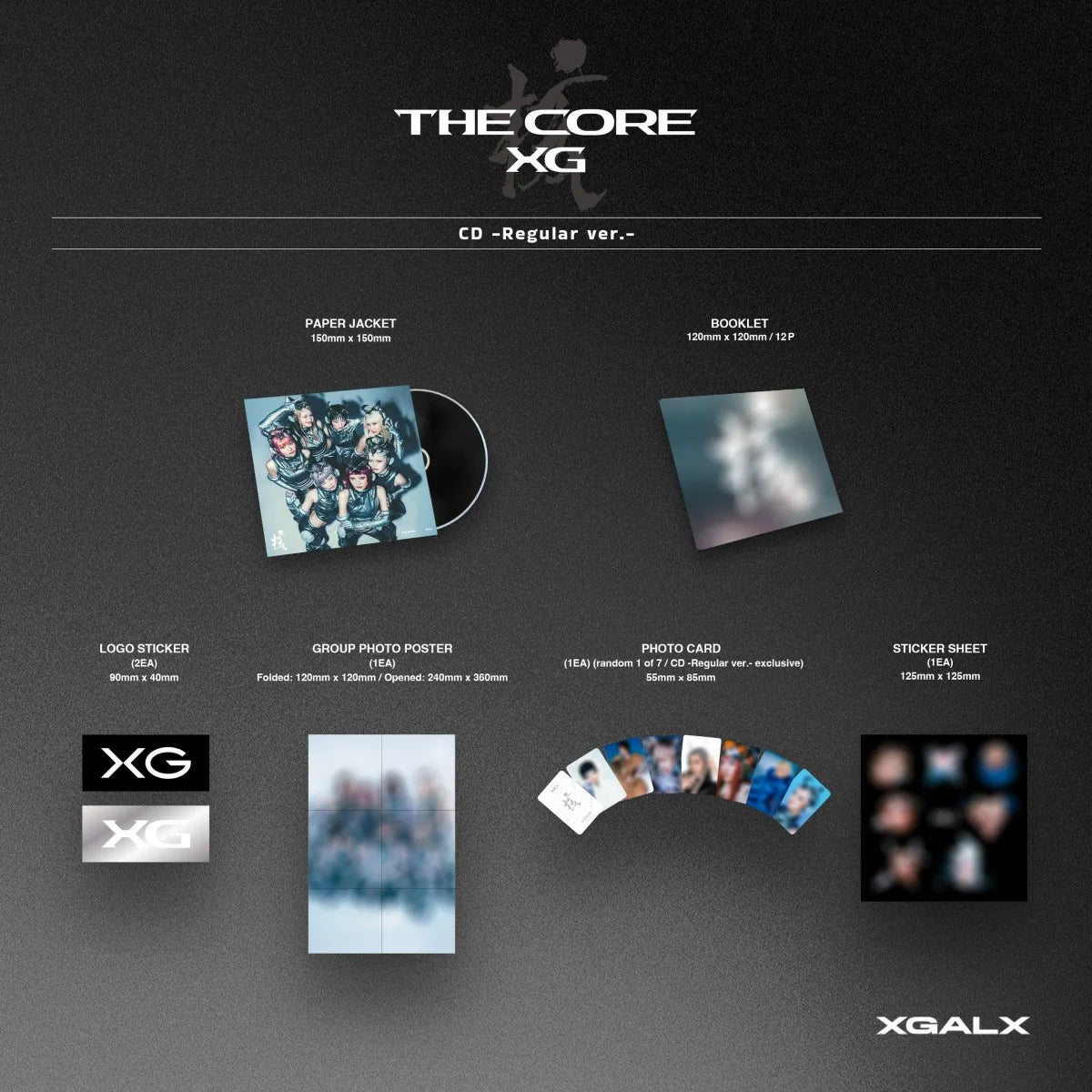 Product display of XG's 'The Core' album inclusions with various items including a paper jacket, booklet, logo sticker, group photo poster, photo card, and sticker sheet on a dark background.