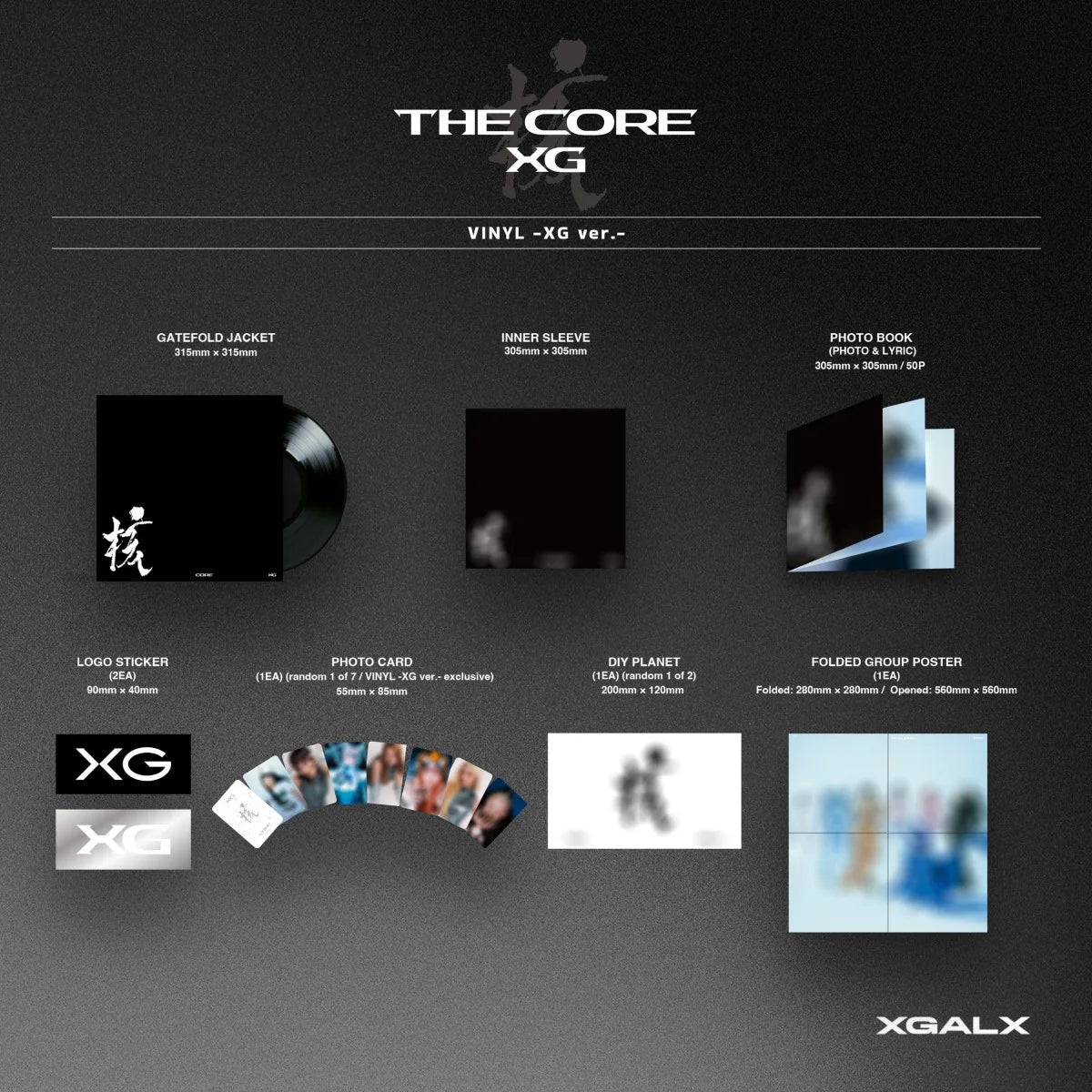 Product inclusions for XG's 'The Core' vinyl release with various items listed.