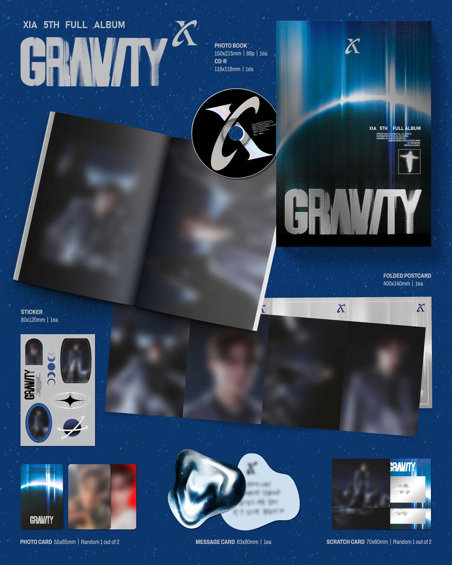 Promotional material for a music album titled 'GRAVITY' by XIA with various items on a blue background.