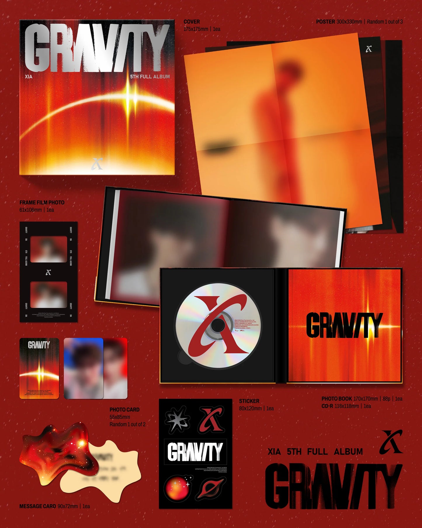 K-pop album packaging for XIA's 'GRAVITY' with various items on a red background