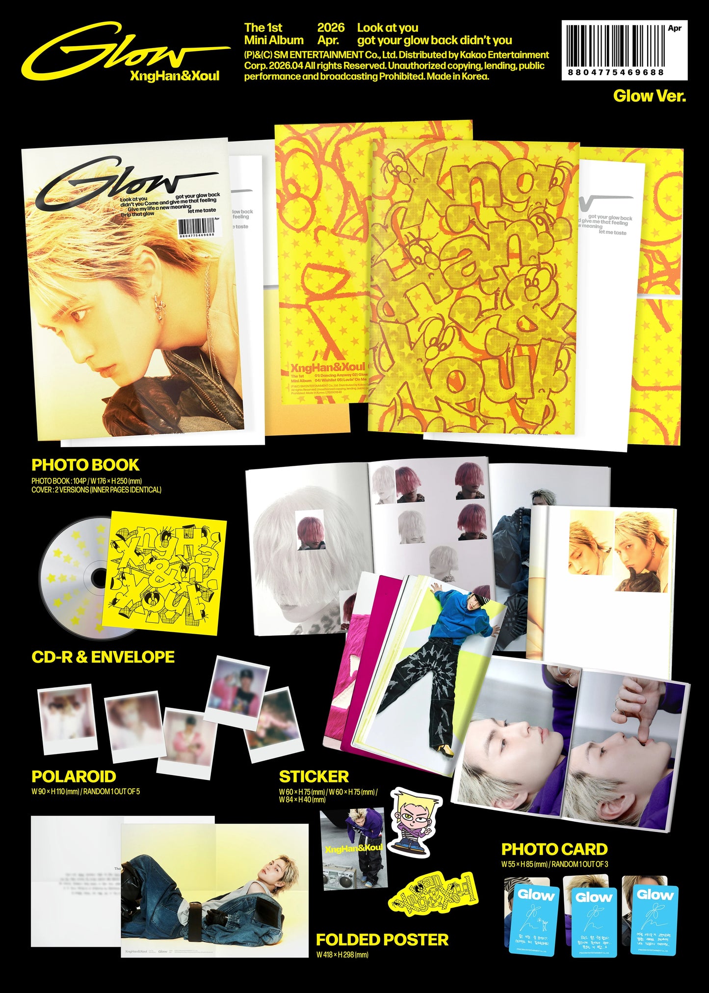 XngHan's Glow album packaging with various items including photo book, CD, and envelope on a black background.