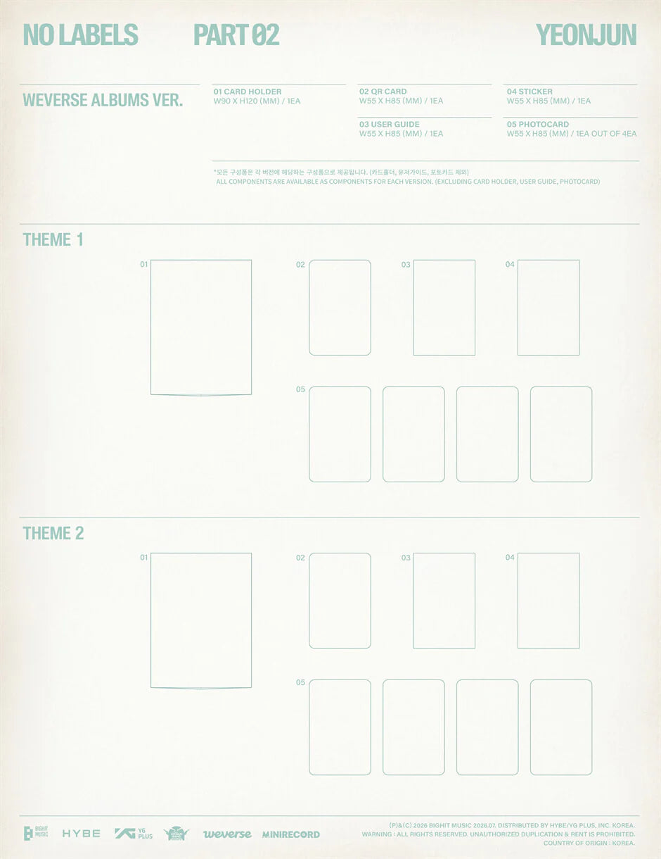 Album inclusions with placeholder text and design elements for YEONJUN's album 'No Labels Part 02'.