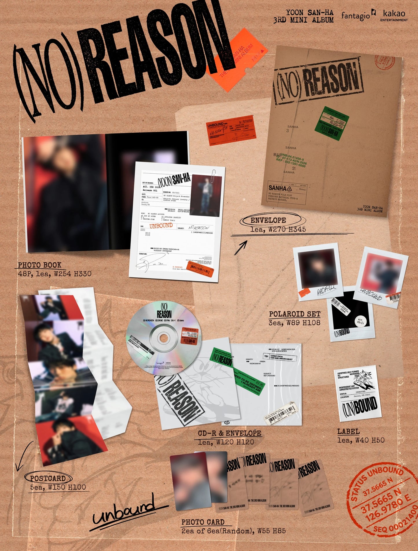 1 version of Yoon San Ha's 3rd mini album inclusions with a photobook, CD-R, postcard, label, and photocard on a brown background.
