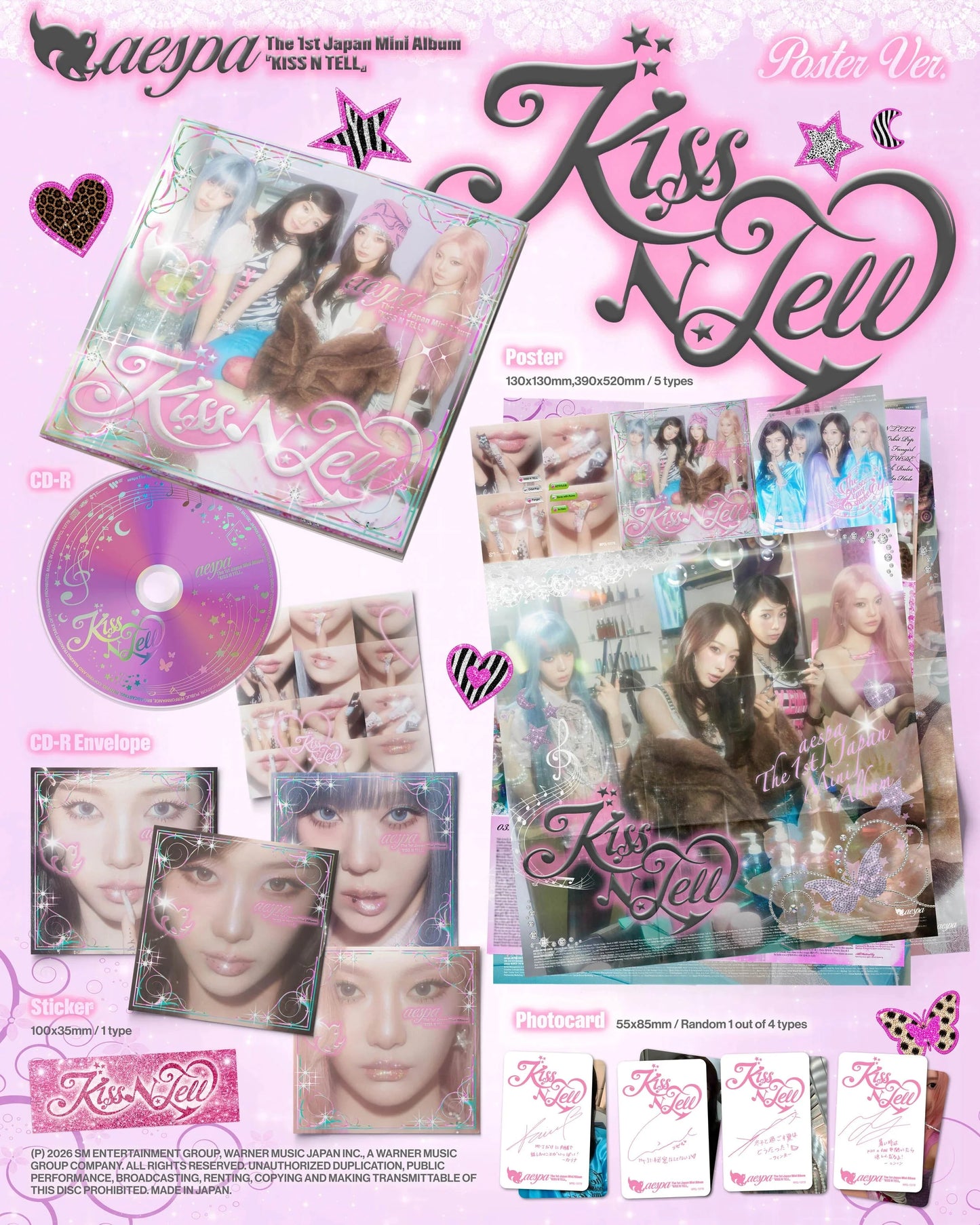 A pink promotional collage for the K-pop group aespa's 'Kiss N Tell' 1st Japan mini album, showing the CD case, CD, sticker, poster, and photocard on a decorative pink background with the group name and album title prominently displayed.