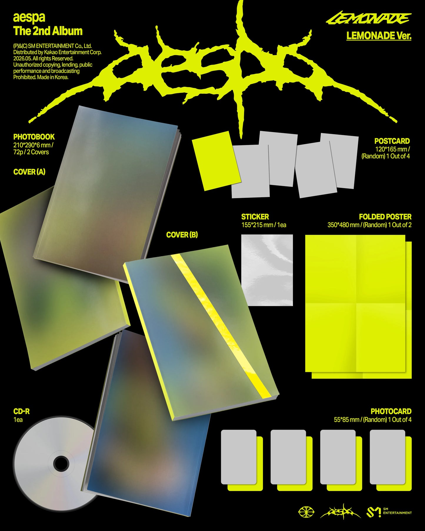 Promotional image of aespa's 2nd album 'Lemonade' with packaging details on a black background.