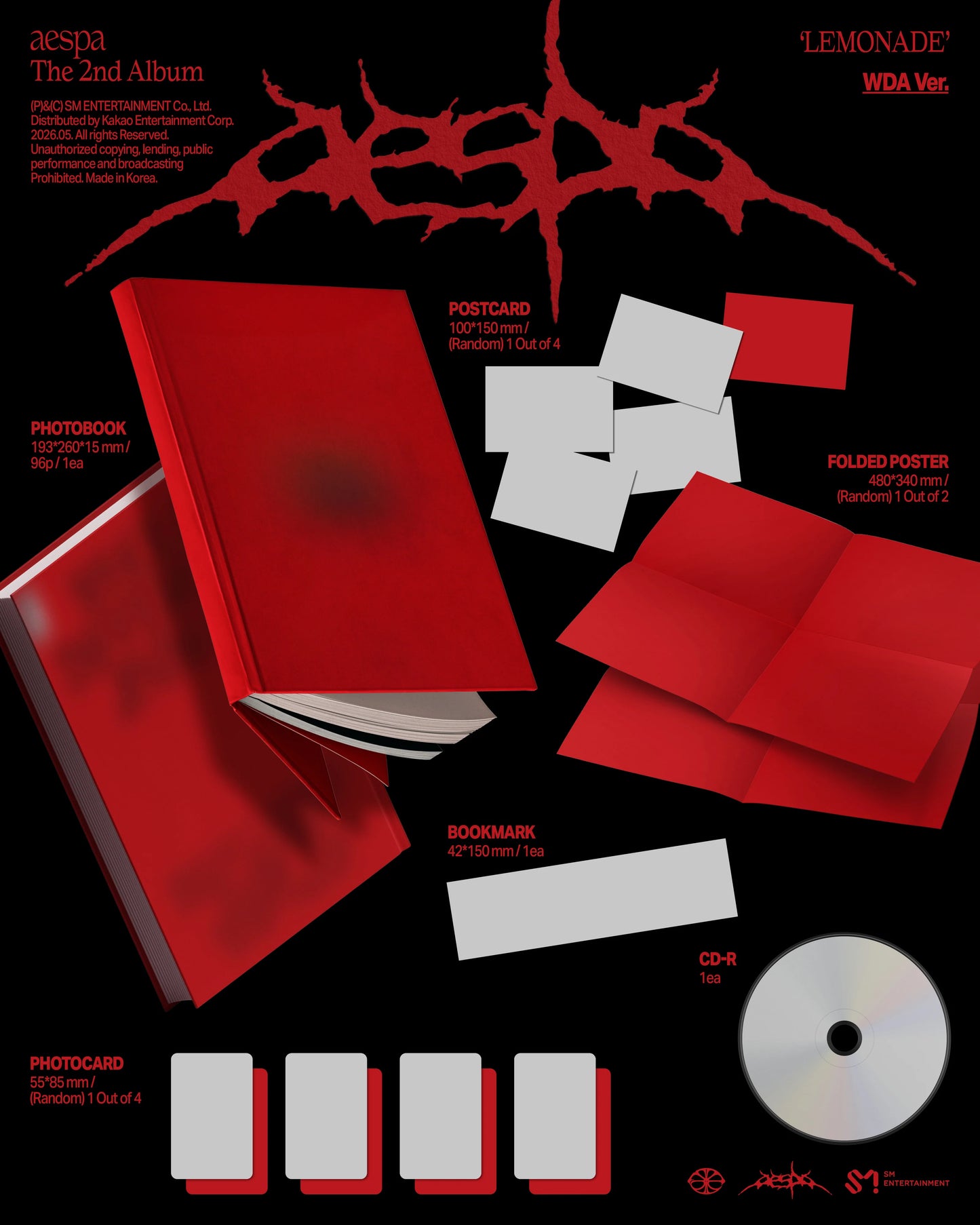 Promotional image of aespa's 2nd album 'Lemonade' with red and white items on a black background