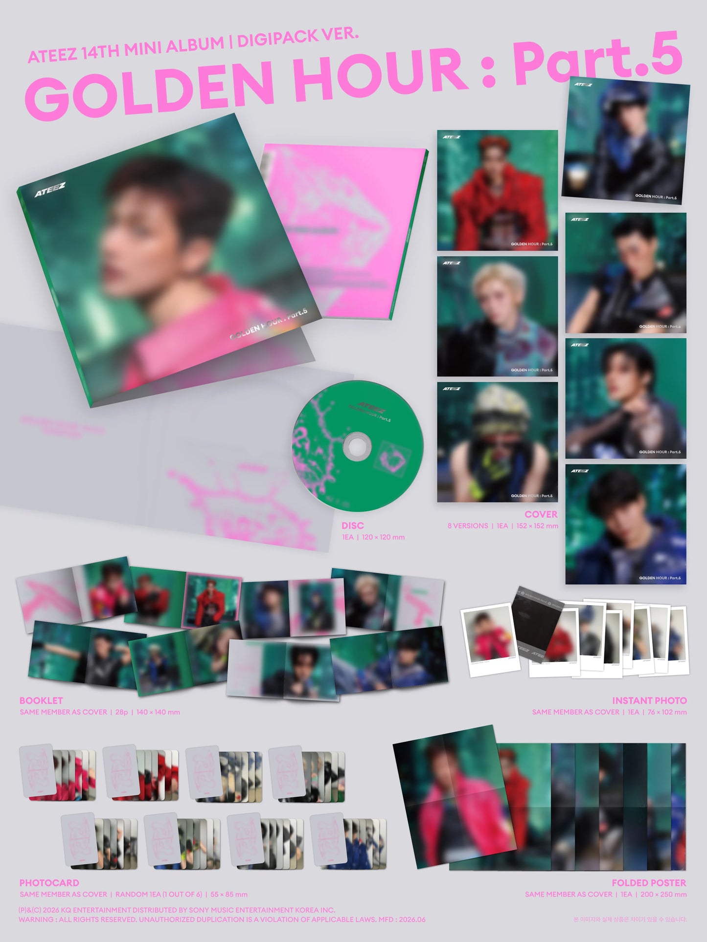 Ateez's 14th mini album packaging with photos and CD on a white background