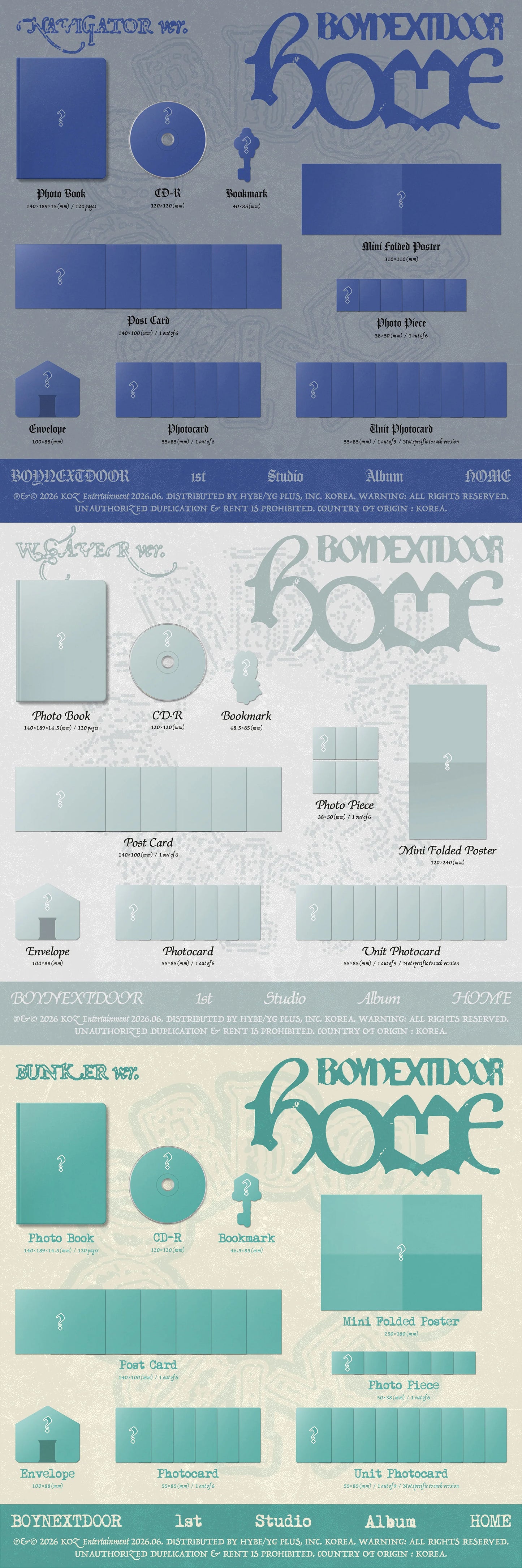 Stylized inclusions of BOYNEXTDOOR's 1st studio album with text and design elements representing items like cd-r, photobook, bookmark, poster, photocards.