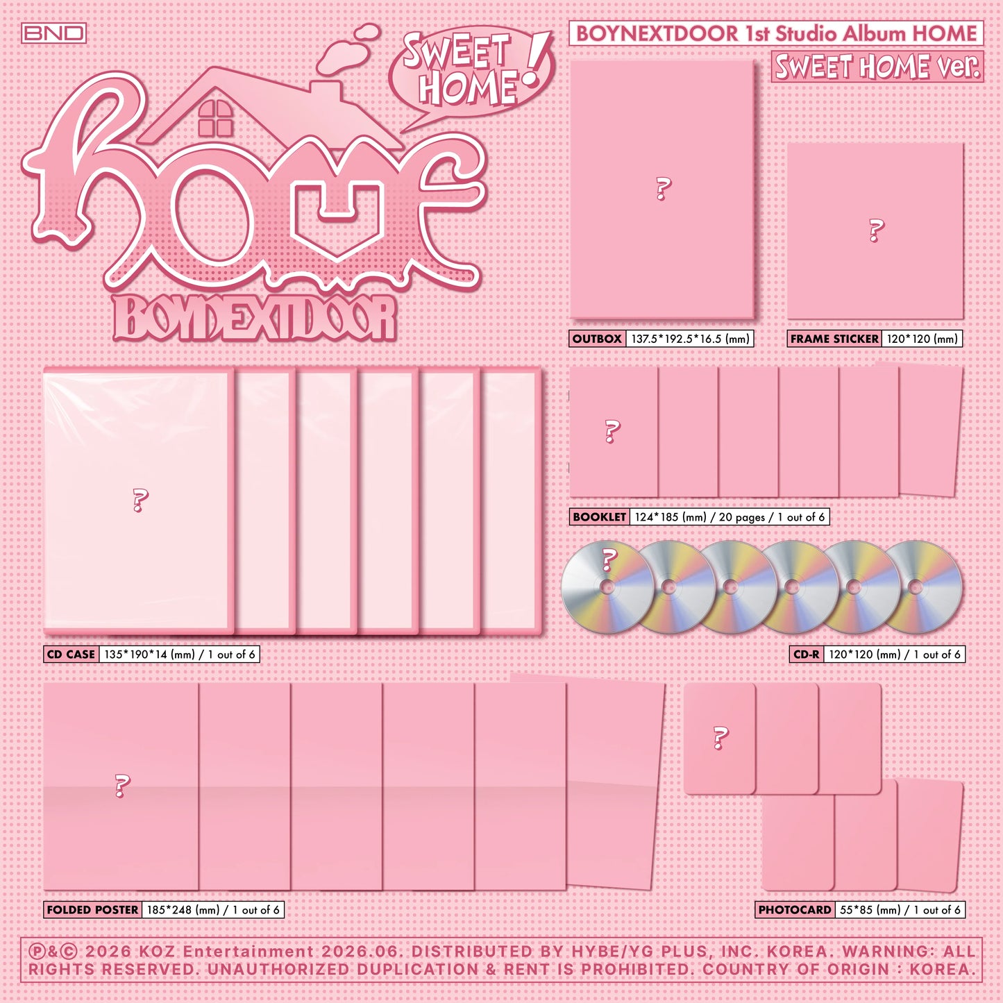 Product packaging layout for BOYNEXTDOOR's 'Sweet Home' album on a pink background