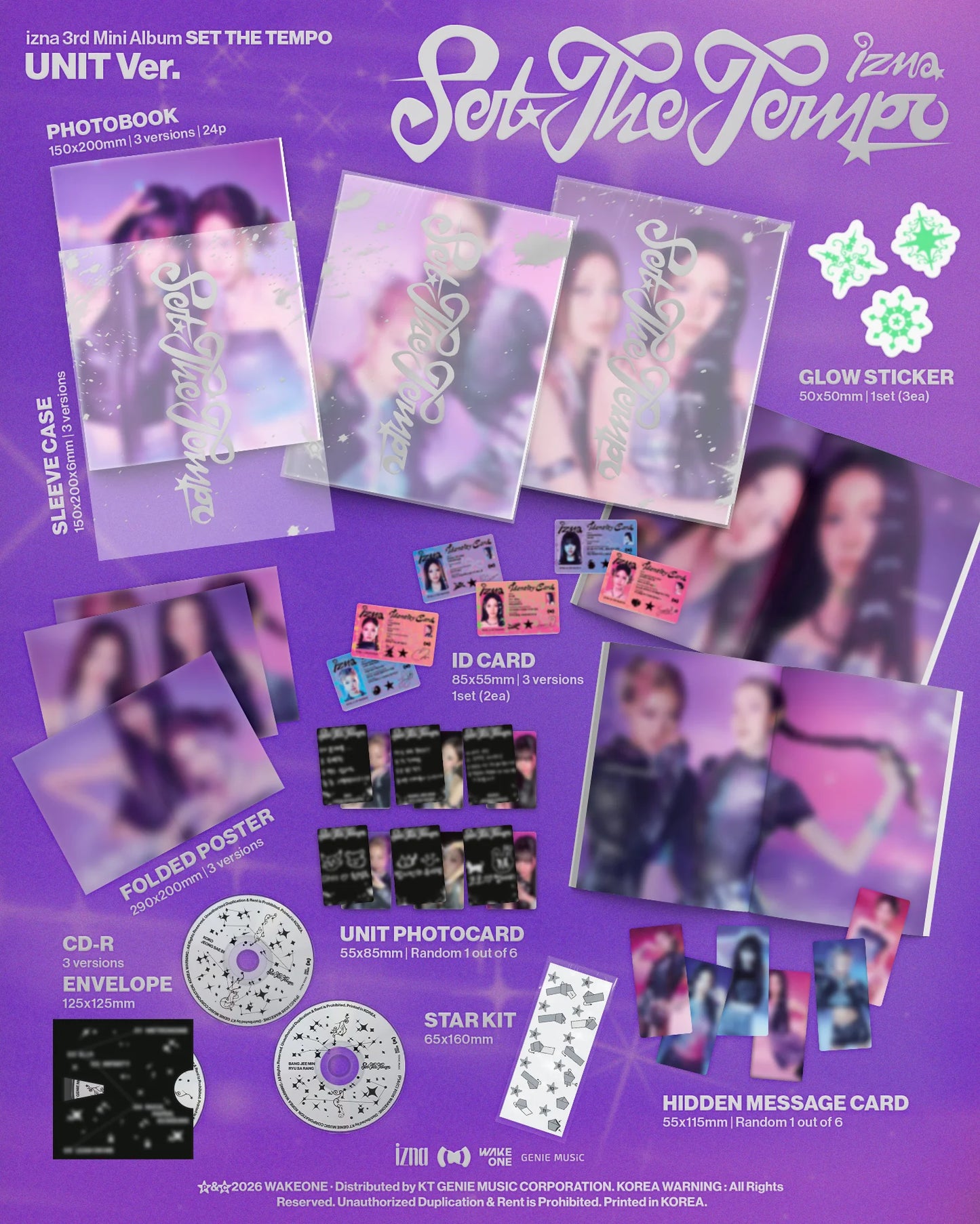 Promotional image of izna's 3rd mini album 'Set The Tempo' with various inclusions such as photobook, glow sticker, photocard, CD-R, poster.