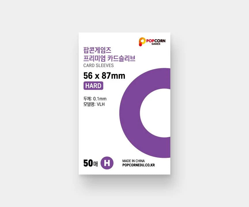 Card sleeves packaging with dimensions 56 x 87mm and brand 'Popcorn Games' on a white background