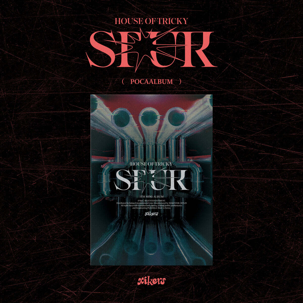 photo of xikers's 5th mini album 'House of Tricky' pocaalbum version and text of album title on red grunge background